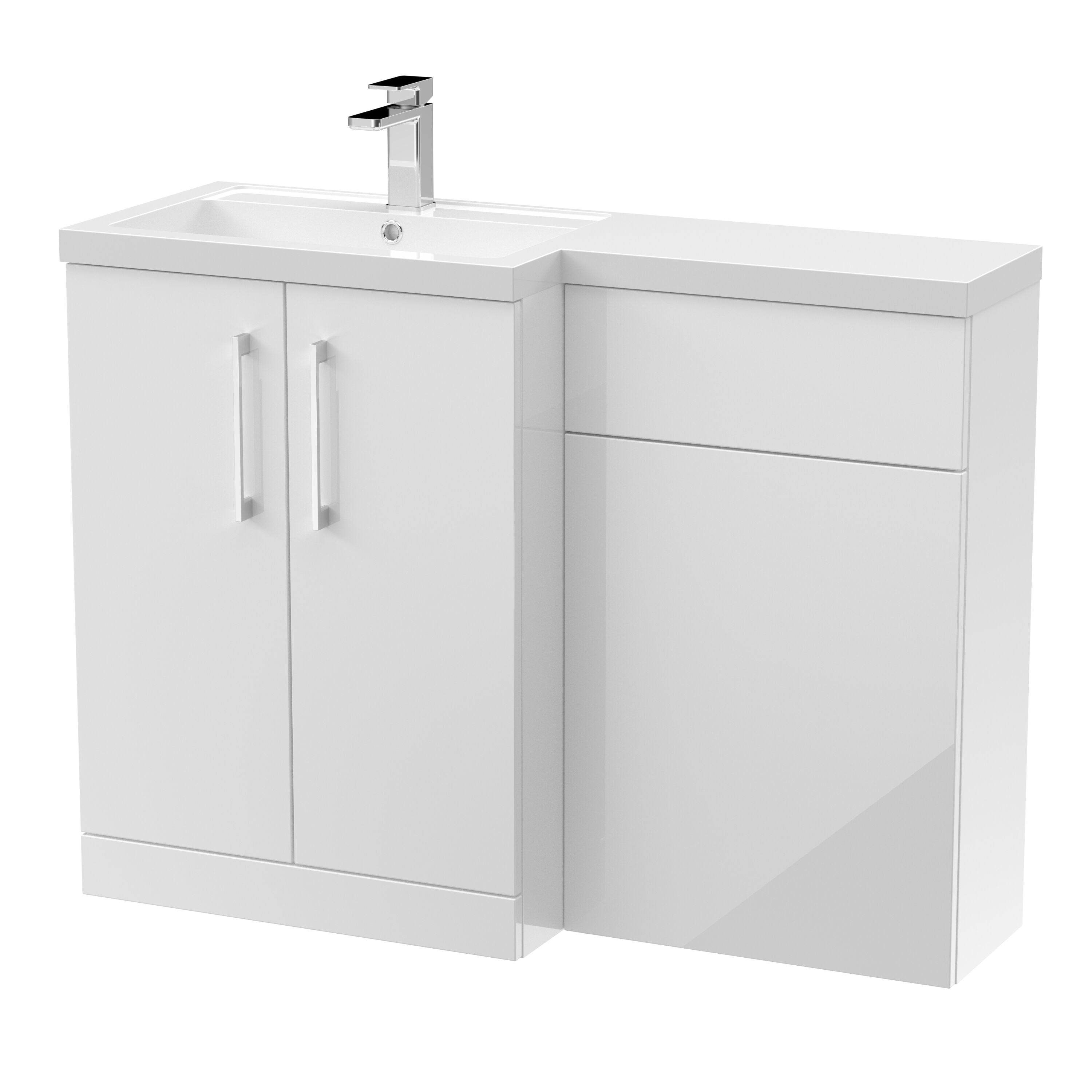 nuie Arno 1100mm Gloss White 2 Door Floor Standing Left-Hand Combination Unit With Polymarble Basin
