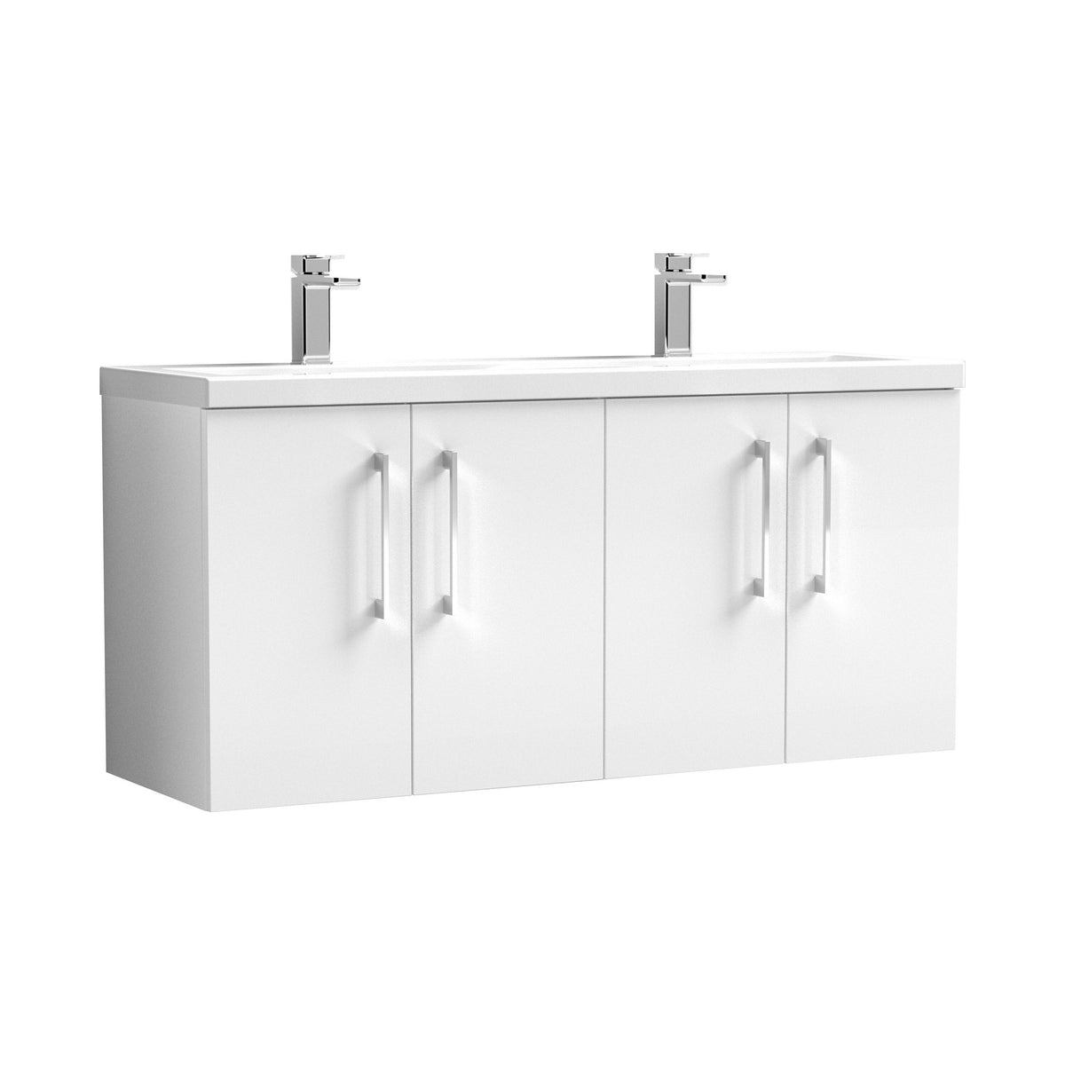 Nuie Arno 1200mm 4 Door Wall Hung Vanity Unit With 2 Tap Hole Ceramic Basin
