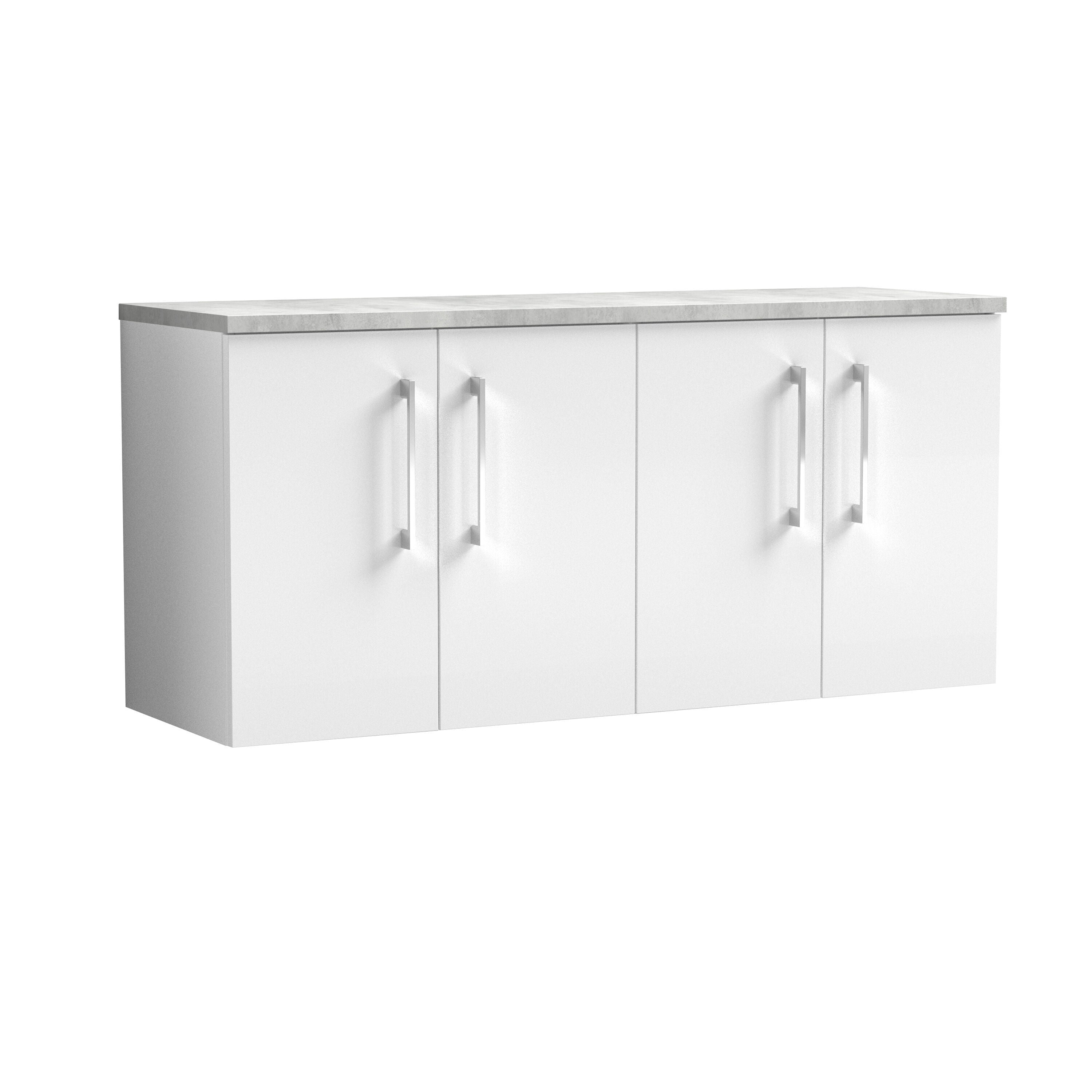 nuie Arno 1200mm Gloss White Wall Hung 4-Door Vanity Unit With Bellato Grey Worktop