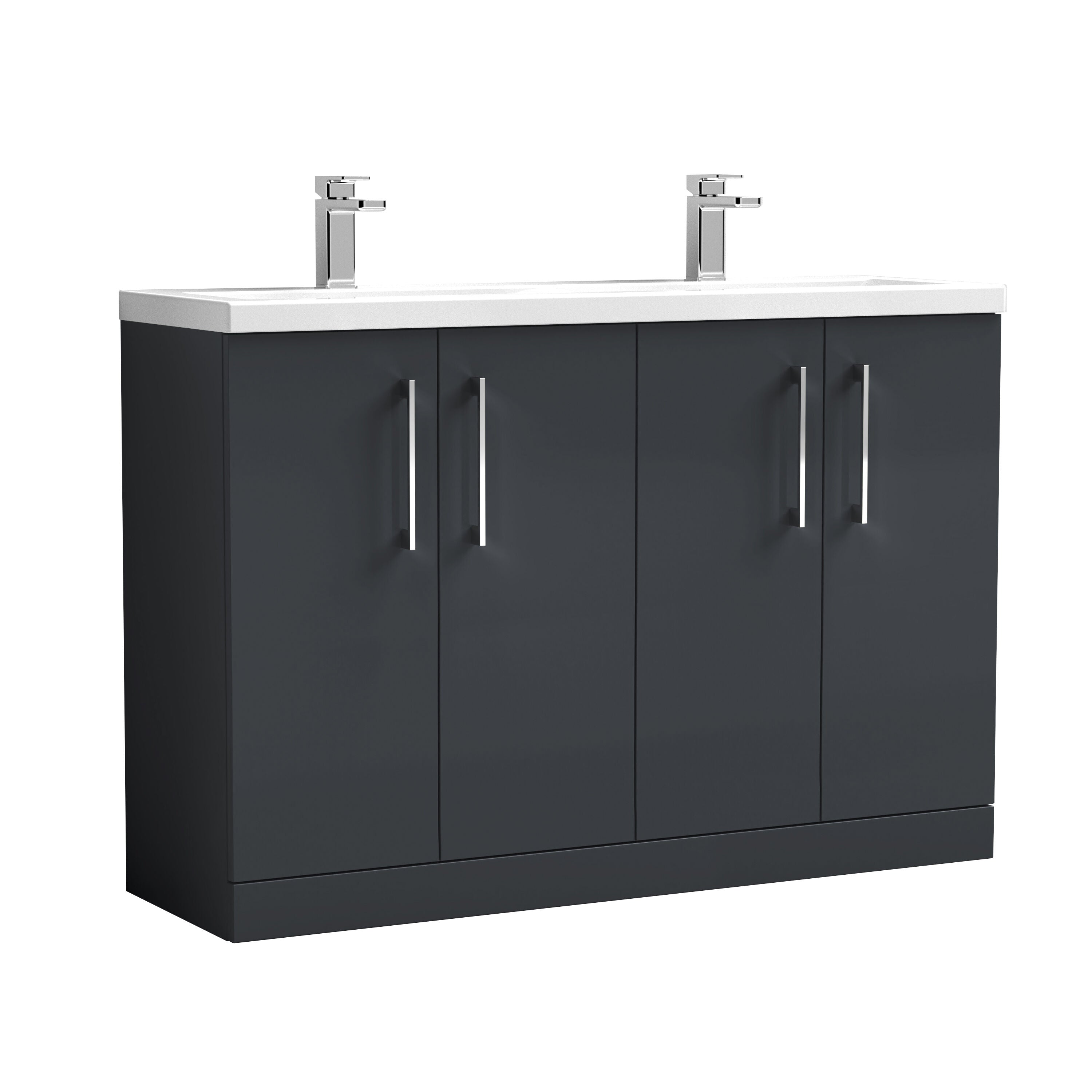 nuie Arno 1200mm Soft Black 4 Door Floor Standing Vanity Unit With 2 Tap Hole Ceramic Basin