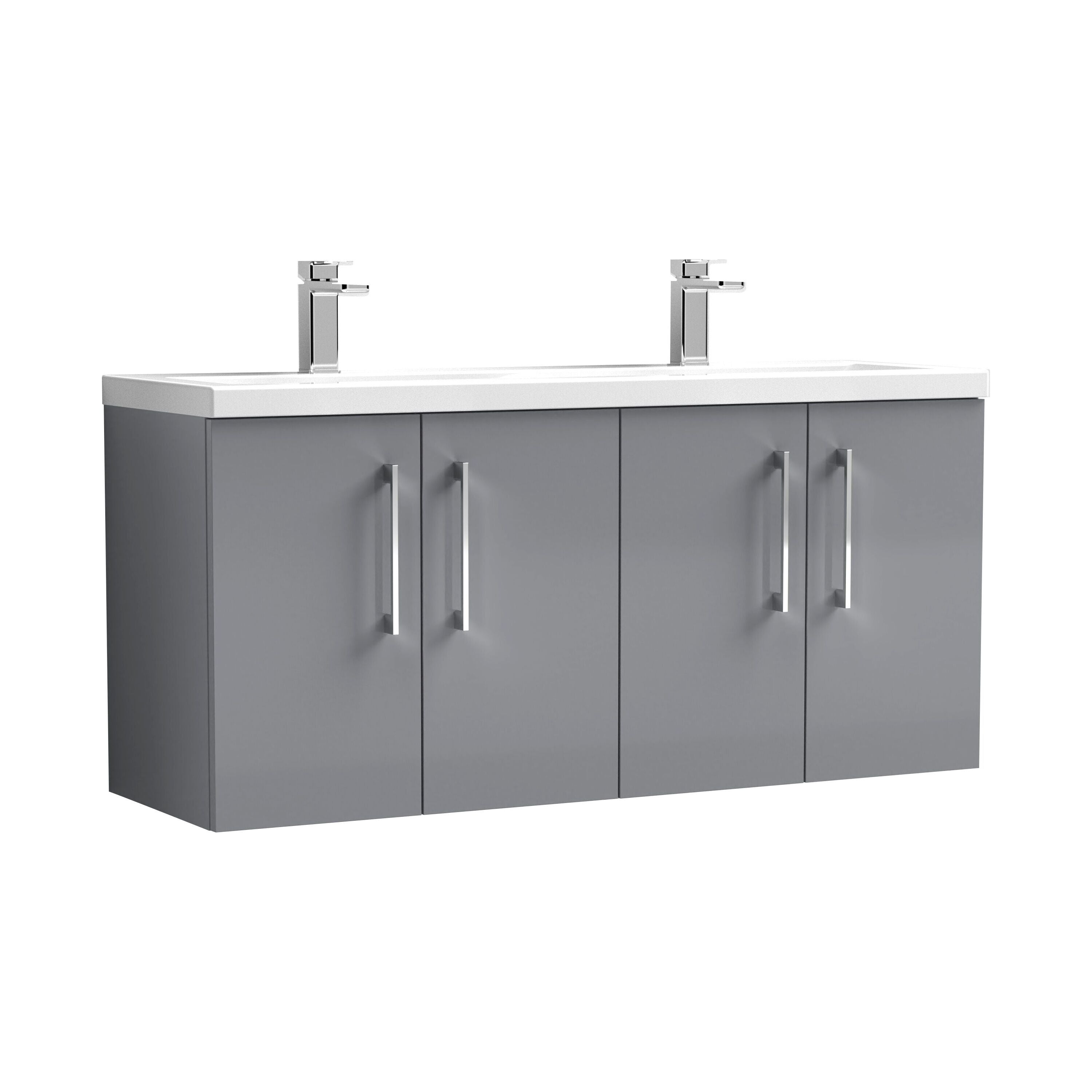 nuie Arno 1200mm Satin Grey 4 Door Wall Hung Vanity Unit With 2 Tap Hole Ceramic Basin