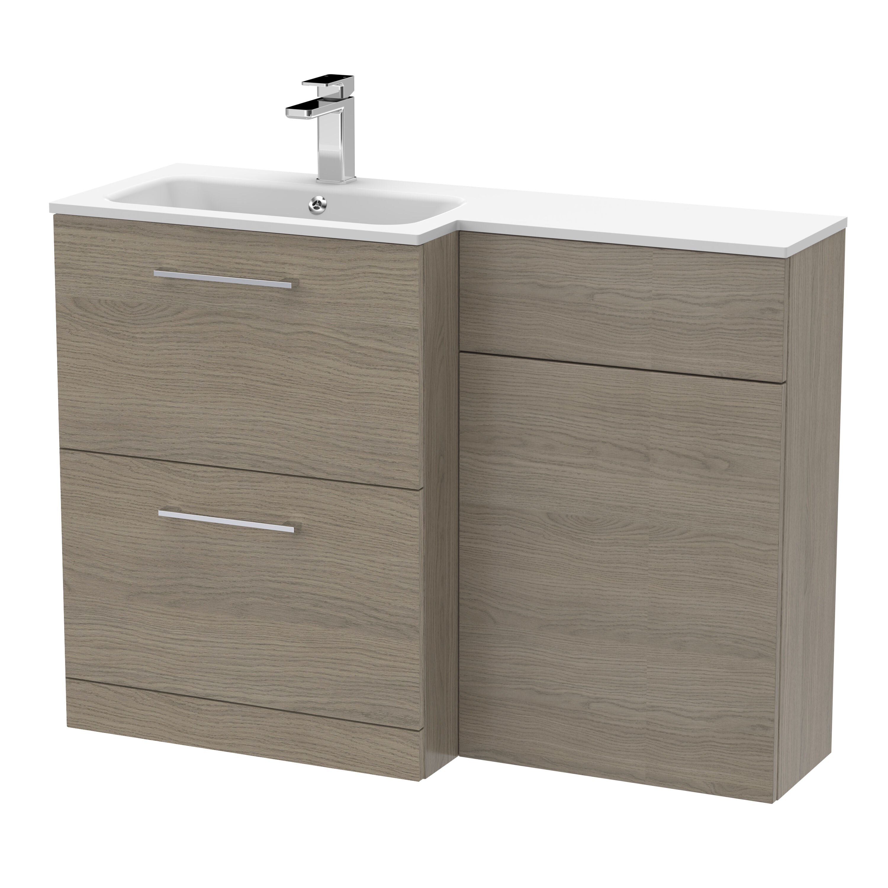 nuie Arno 1100mm Solace Oak 2 Drawer Floor Standing Left-Hand Combination Unit With Stone Basin