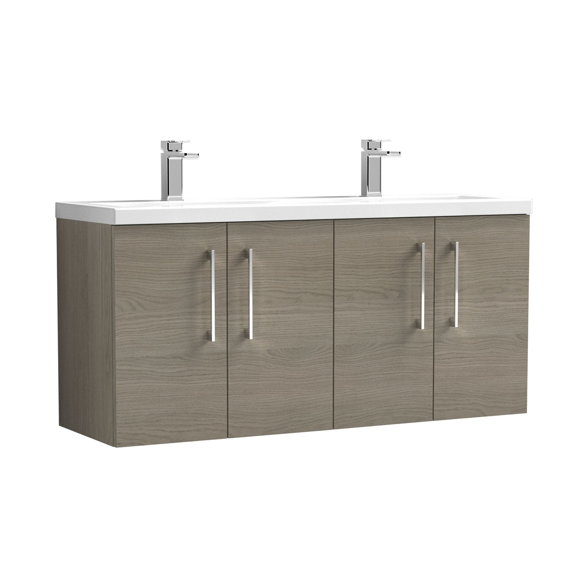Nuie Arno 1200mm 4 Door Wall Hung Vanity Unit With 2 Tap Hole Ceramic Basin