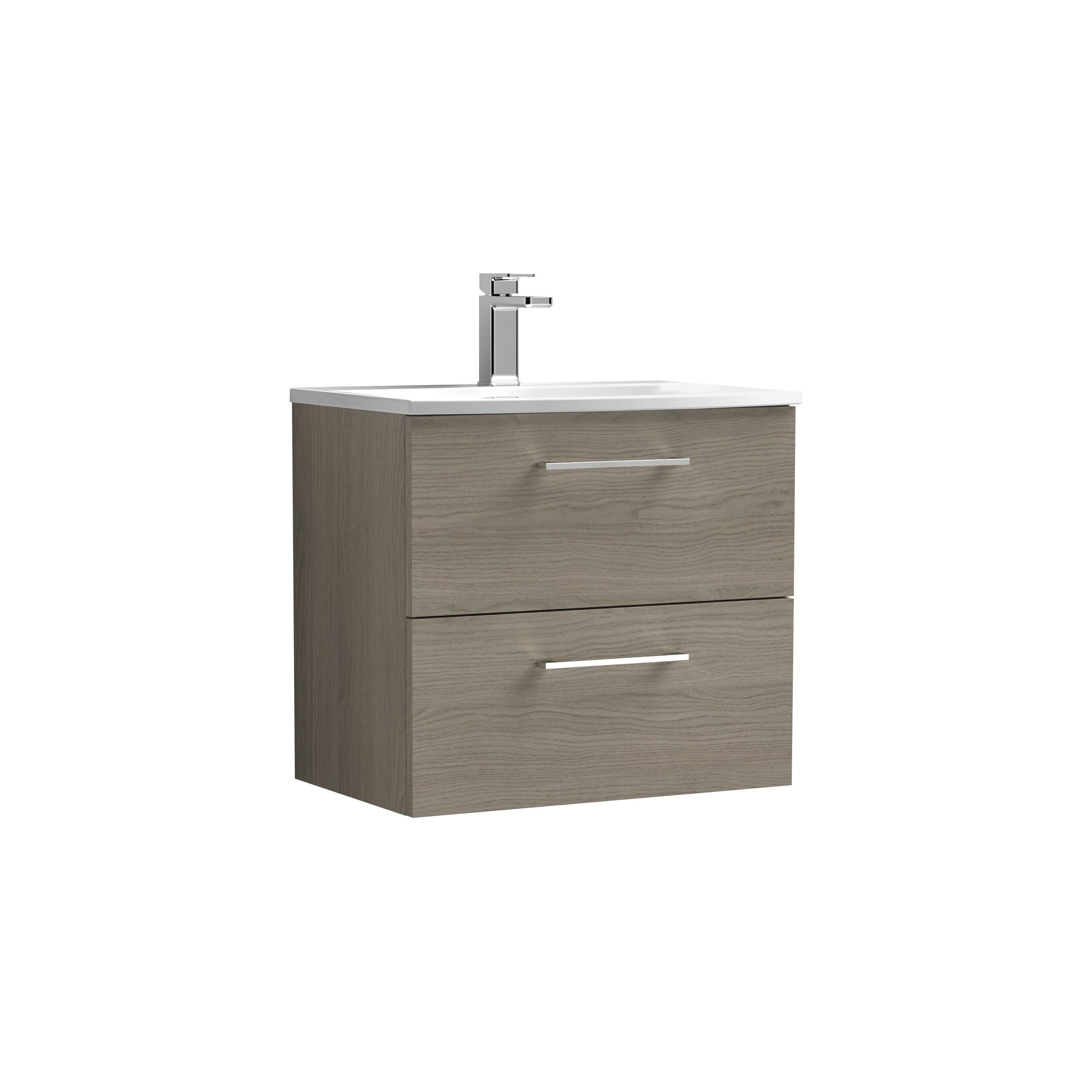 nuie Arno 600mm Solace Oak 2 Drawer Wall Hung Vanity Unit With Curved Basin