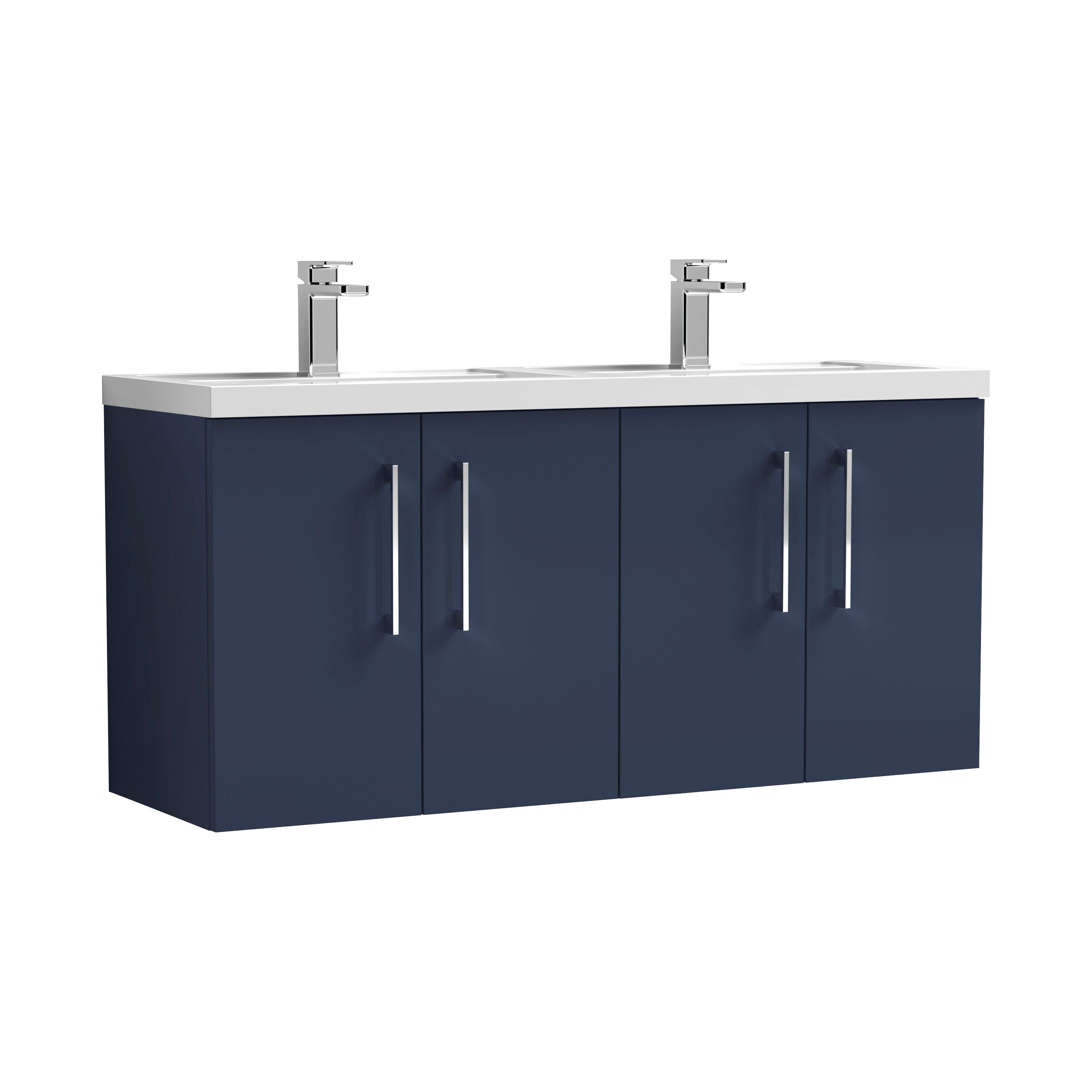nuie Arno 1200mm Midnight Blue 4 Door Wall Hung Vanity Unit With 2 Tap Hole Polymarble basin