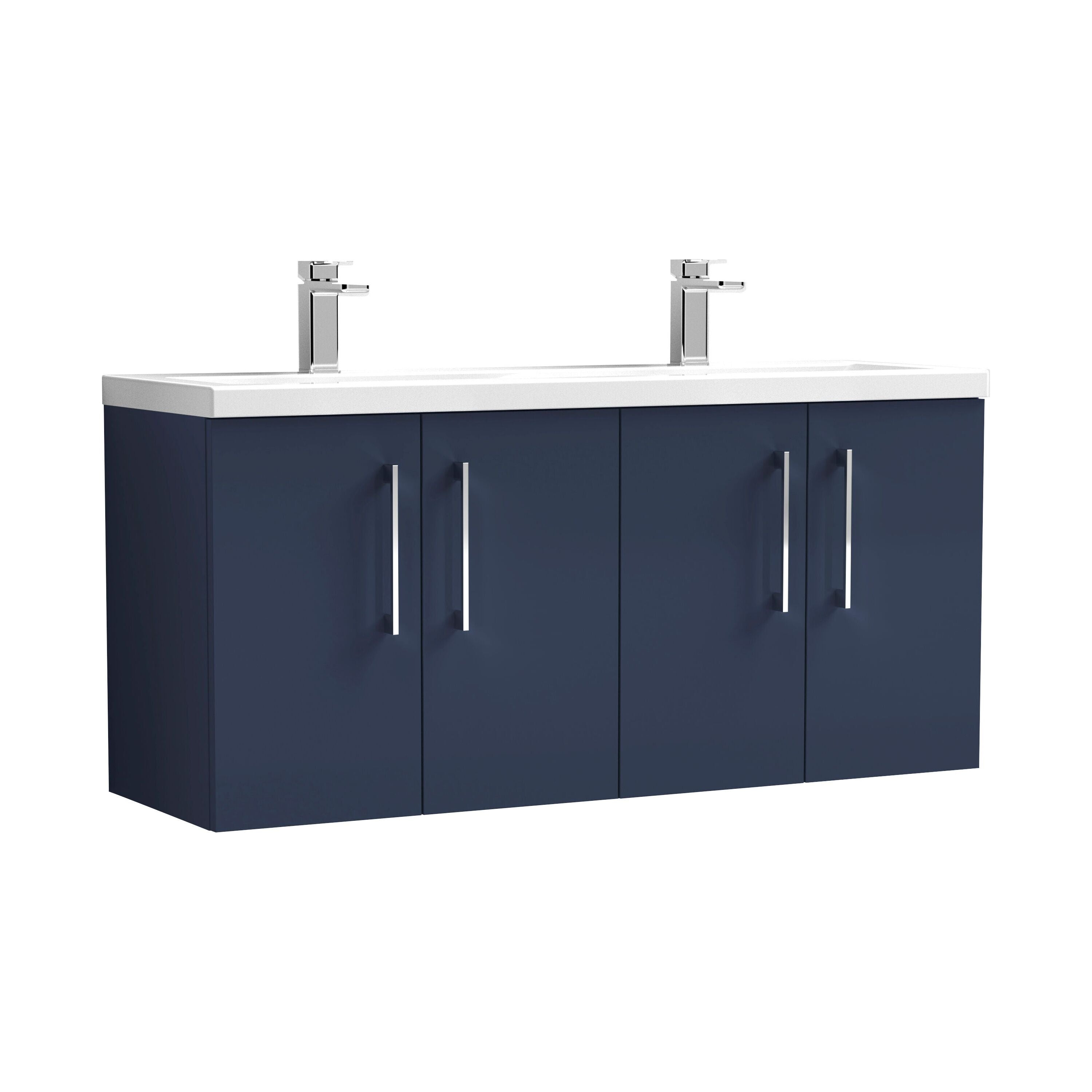 nuie Arno 1200mm Midnight Blue 4 Door Wall Hung Vanity Unit With 2 Tap Hole Ceramic Basin