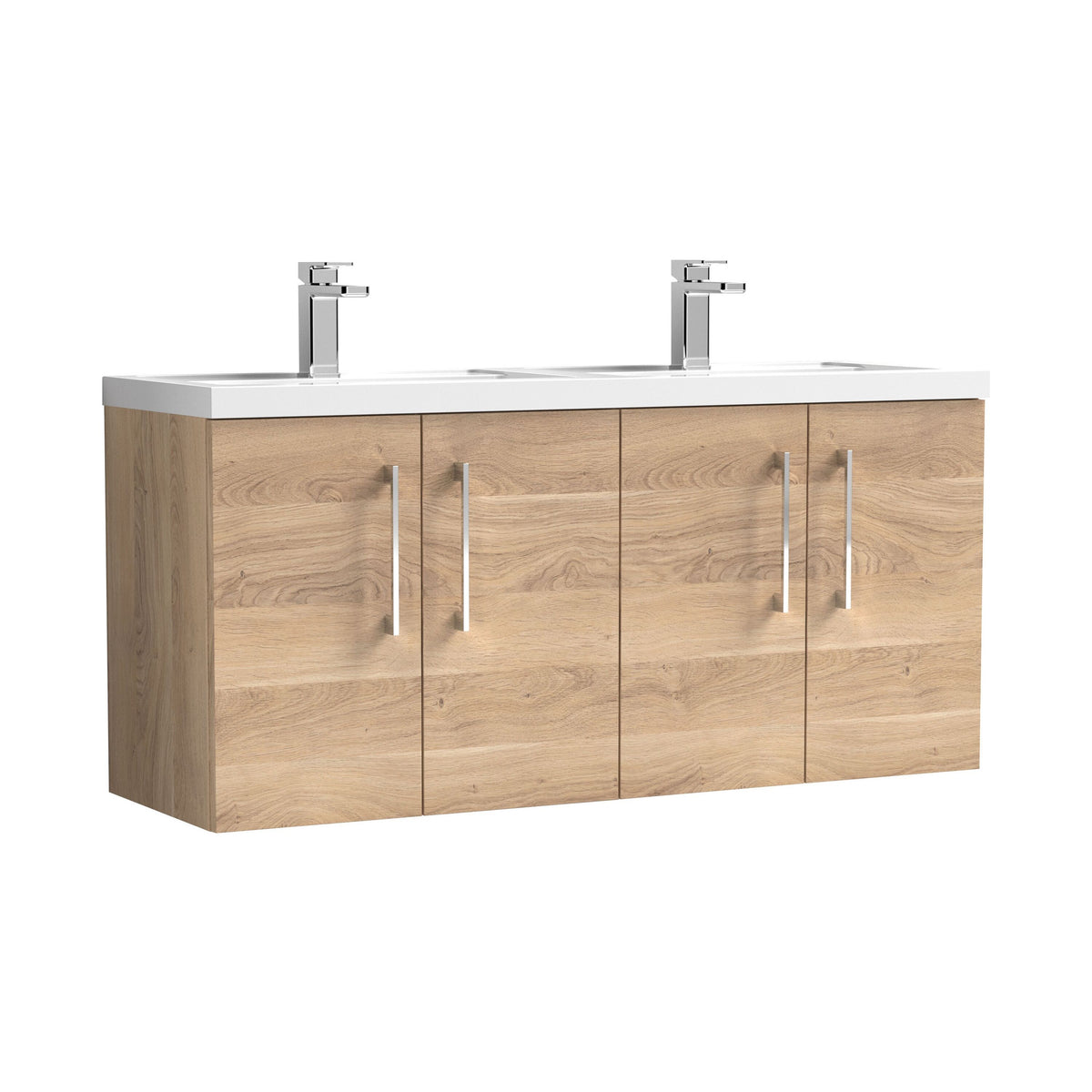 Nuie Arno 1200mm 4 Door Wall Hung Vanity Unit With 2 Tap Hole Polymarble basin