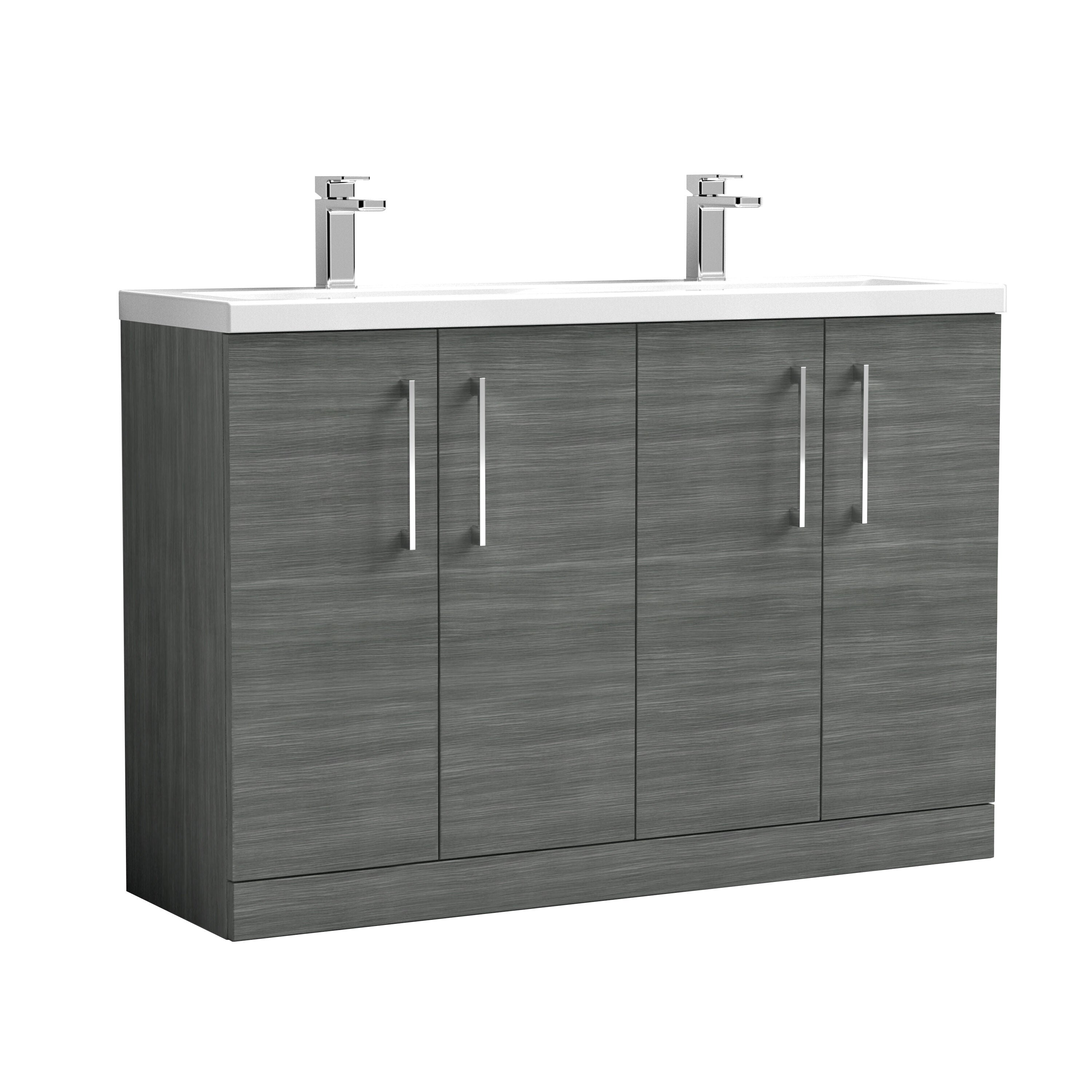 nuie Arno 1200mm Anthracite Woodgrain 4 Door Floor Standing Vanity Unit With 2 Tap Hole Ceramic Basin
