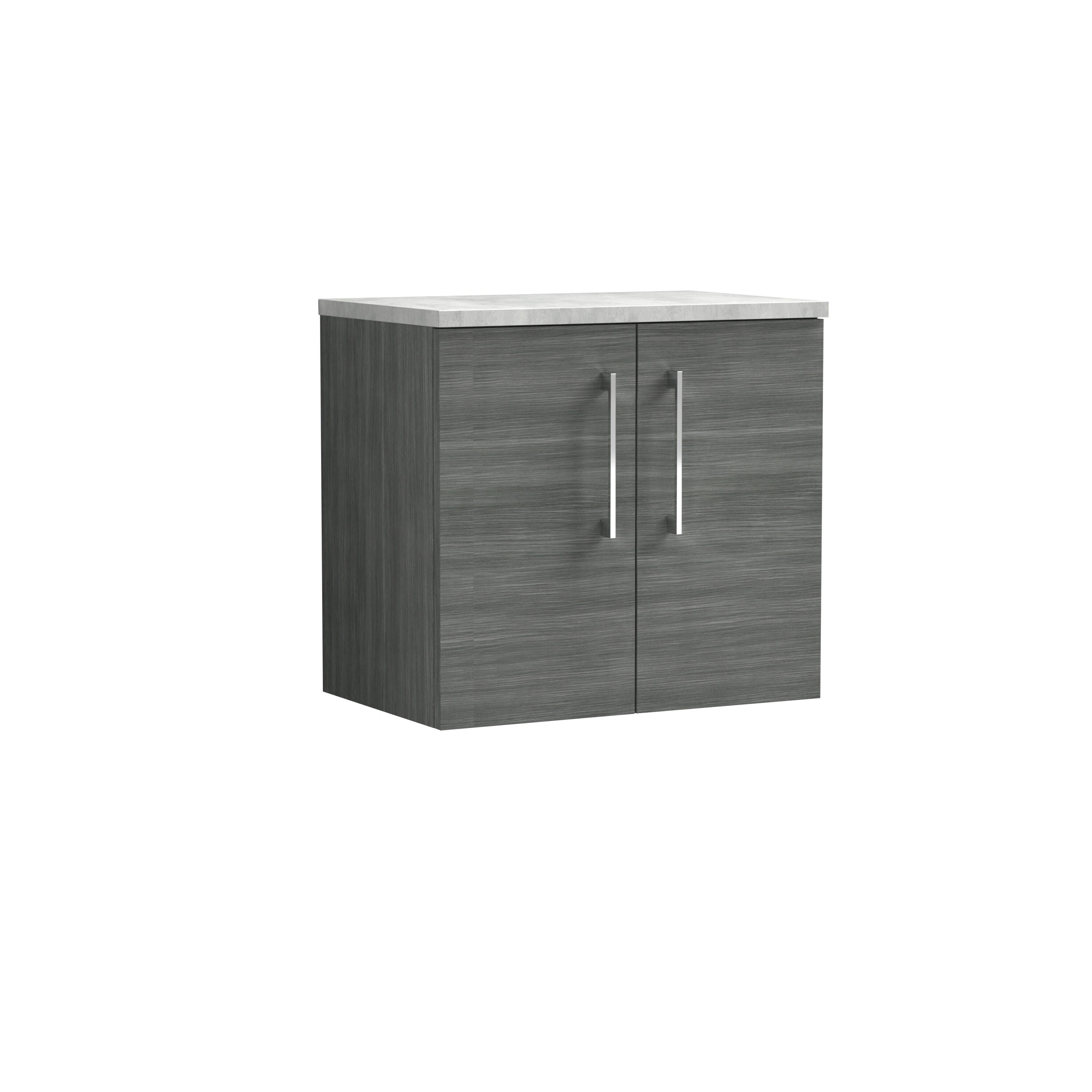 nuie Arno 600mm Anthracite Woodgrain 2 Door Wall Hung Vanity Unit With Bellato Grey Worktop