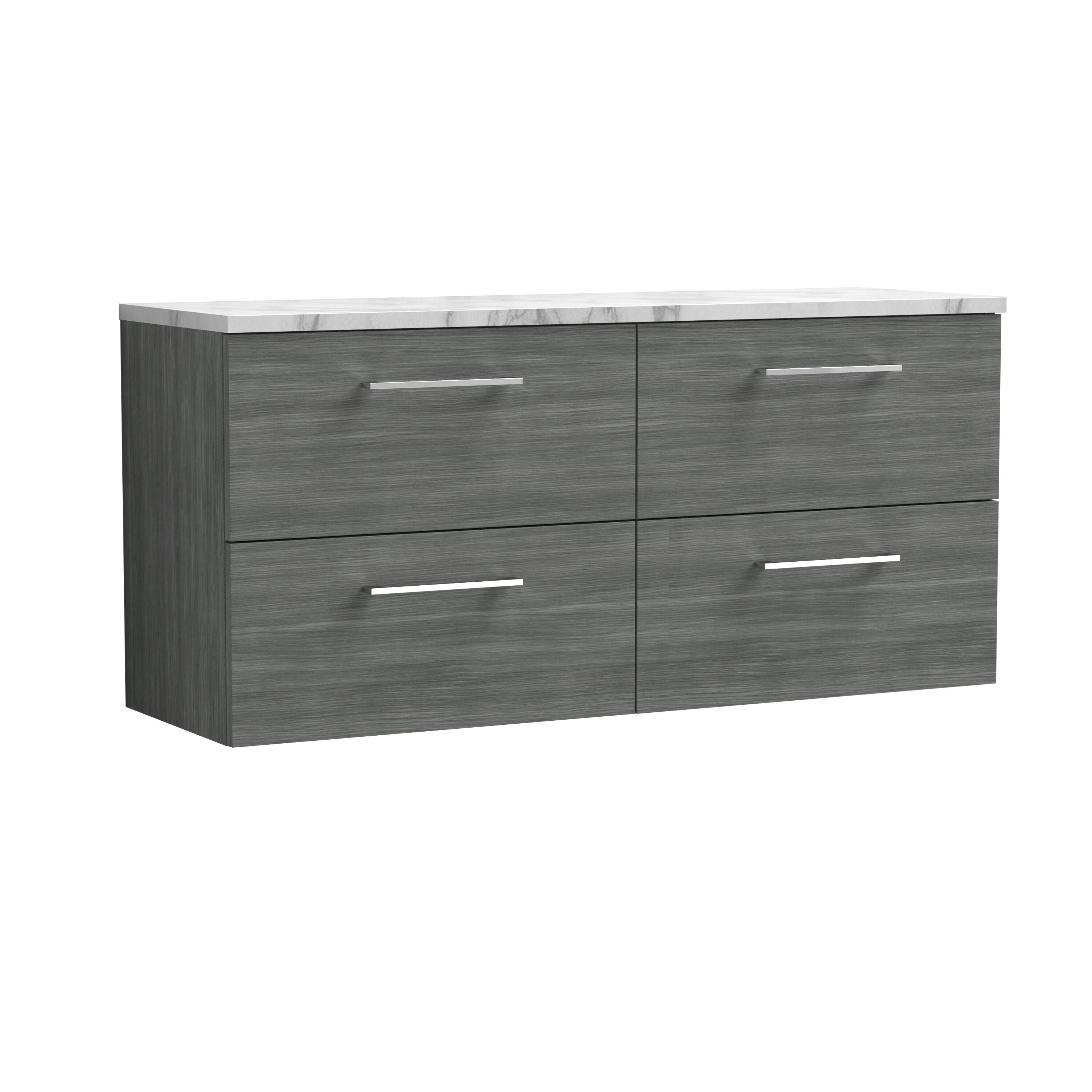 nuie Arno 1200mm Anthracite Woodgrain 4 Drawer Wall Hung Vanity With Carrara Laminate Worktop