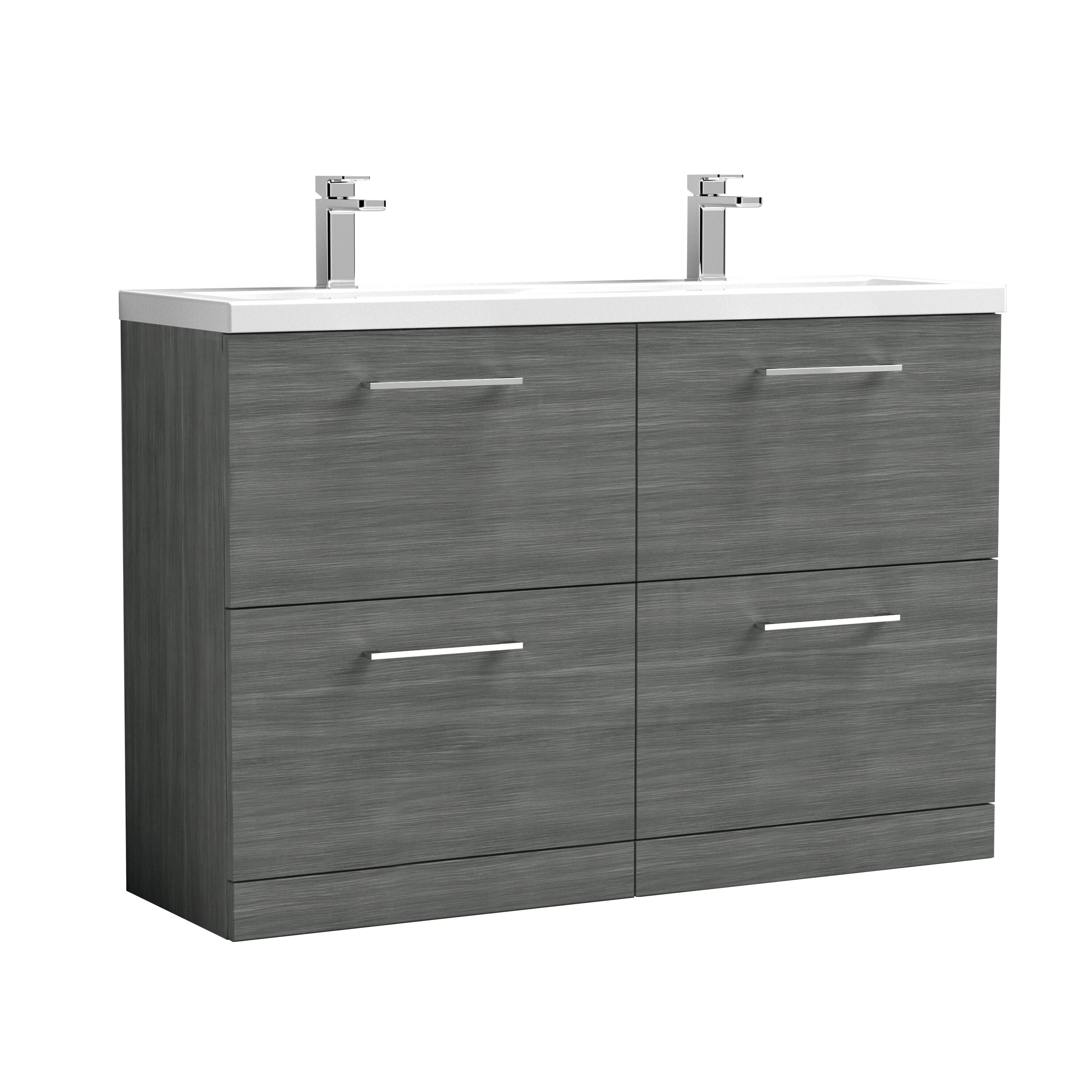 nuie Arno 1200mm Anthracite Woodgrain 4 Drawer Floor Standing Vanity Unit With 2 Tap Hole Ceramic Basin