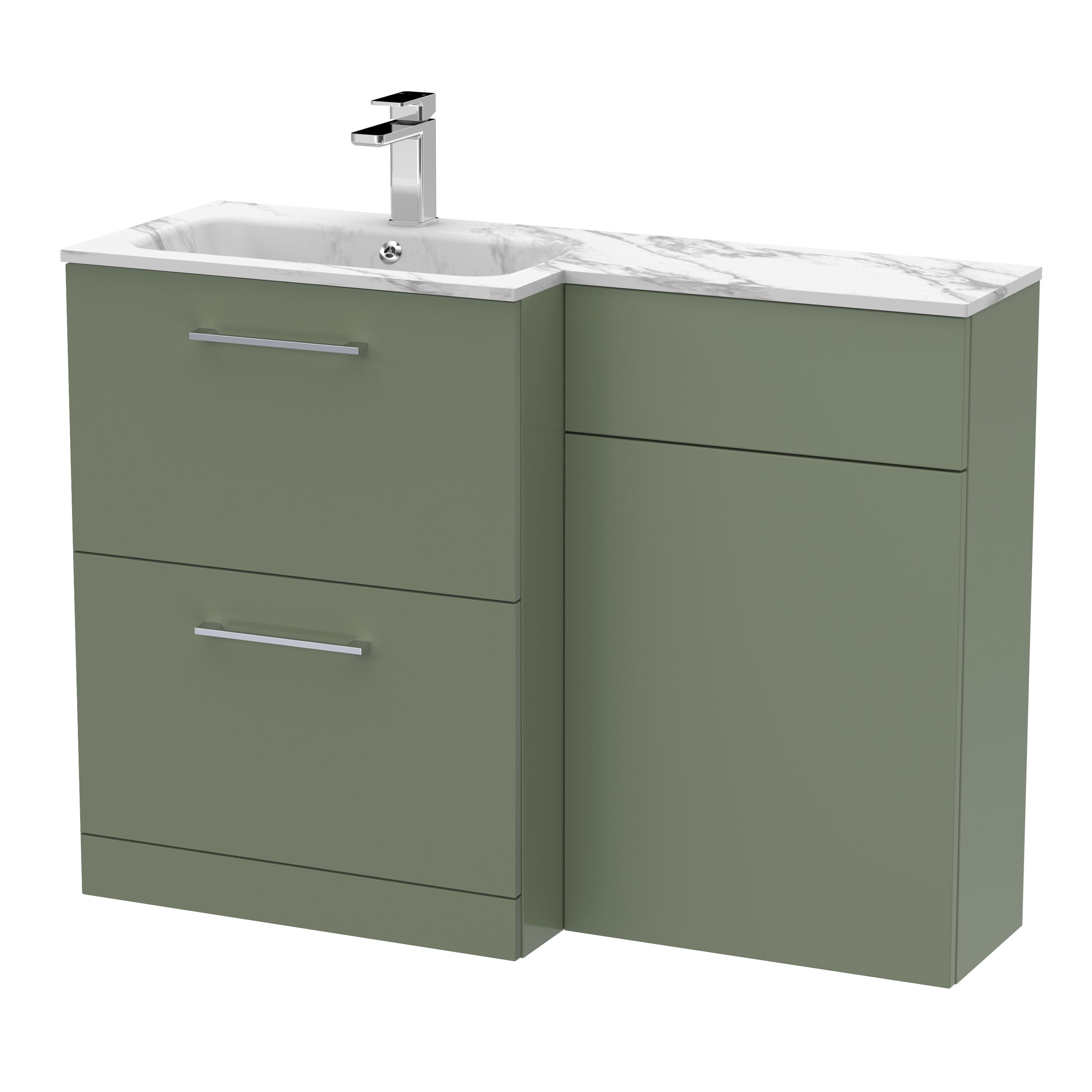 nuie Arno 1100mm Satin Green 2 Drawer Floor Standing Left-Hand Combination Unit With Stone Basin
