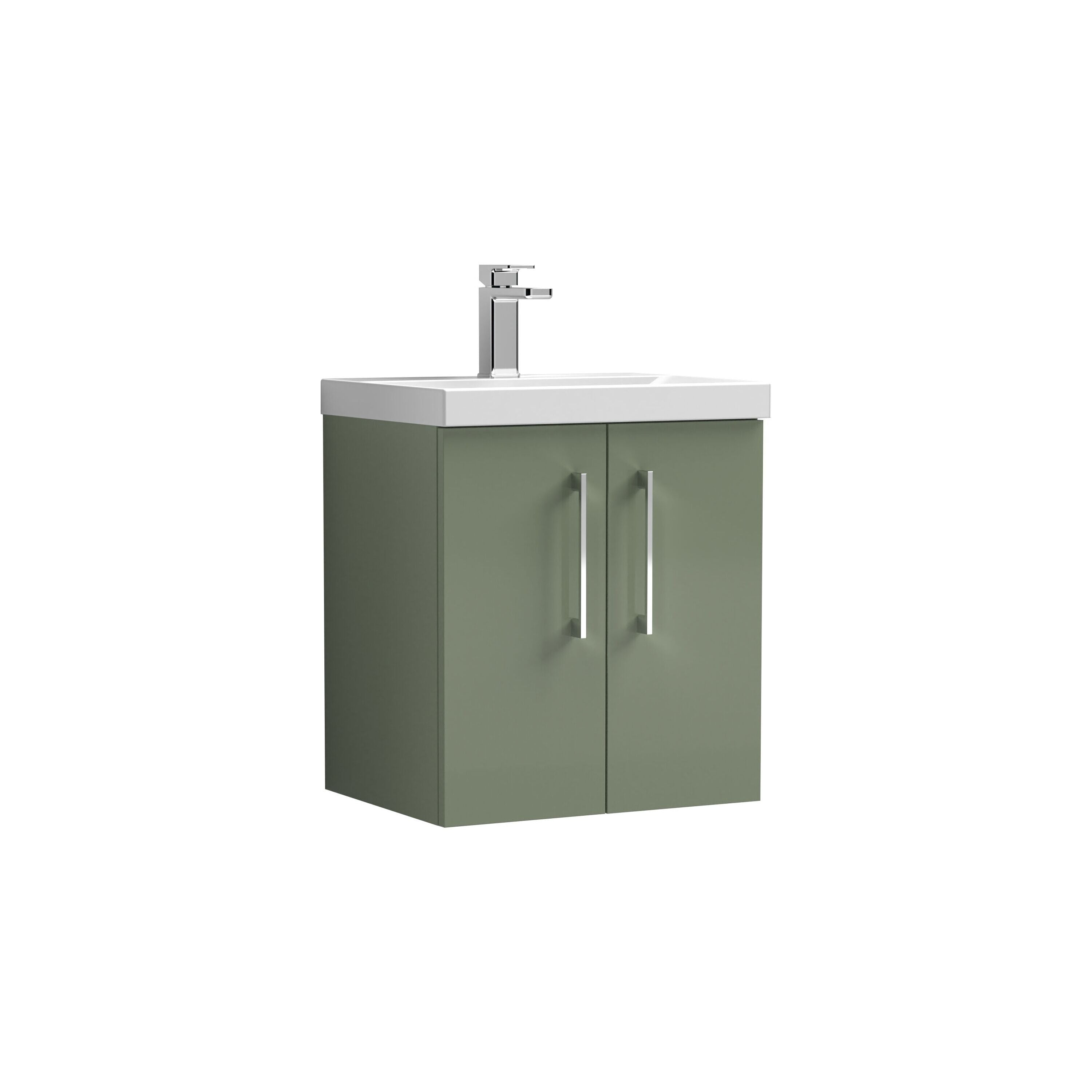 nuie Arno 500mm Satin Green 2 Door Wall Hung Vanity Unit With Thin Edge Basin