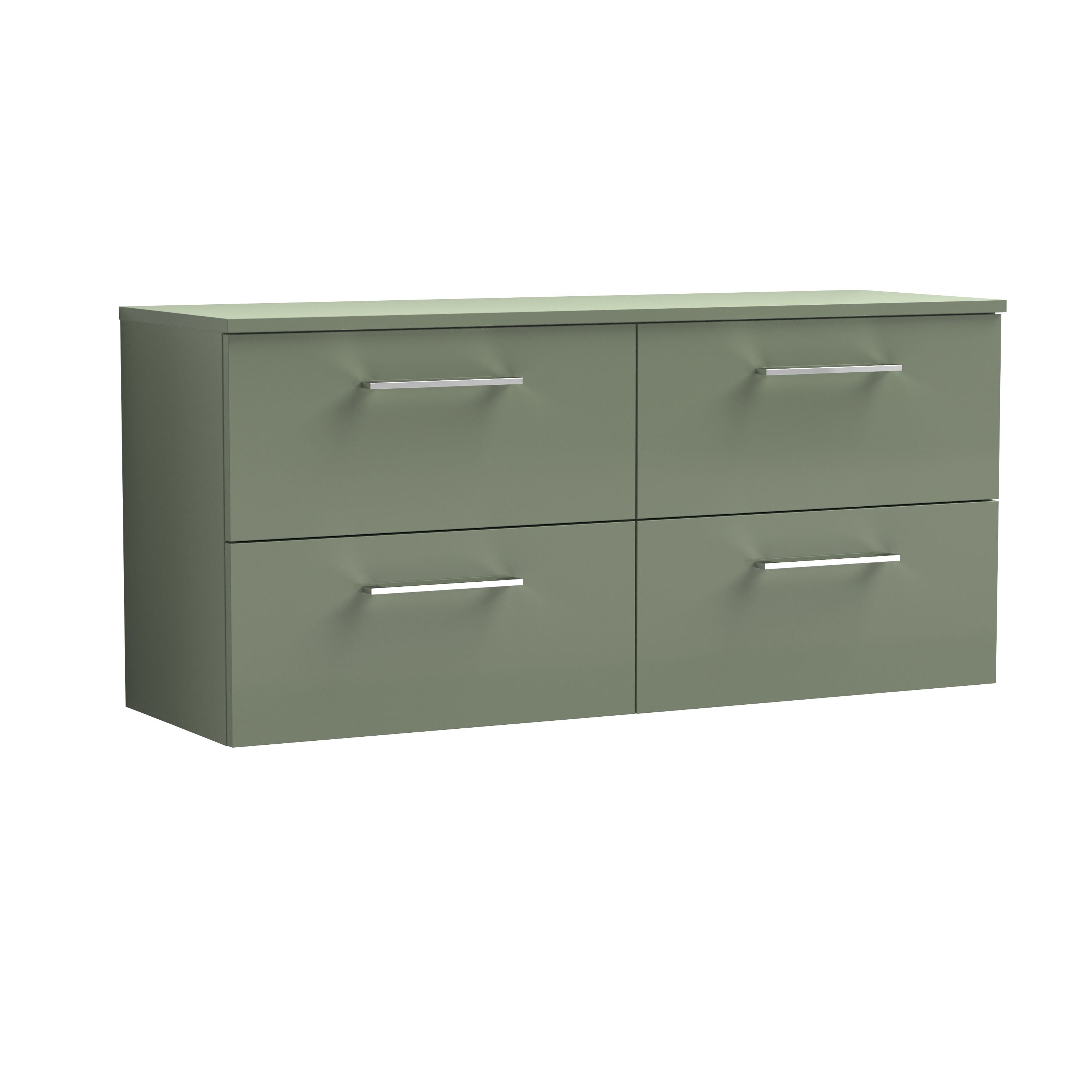 nuie Arno 1200mm Satin Green 4 Drawer Wall Hung Vanity Unit With Co-ordinating Worktop