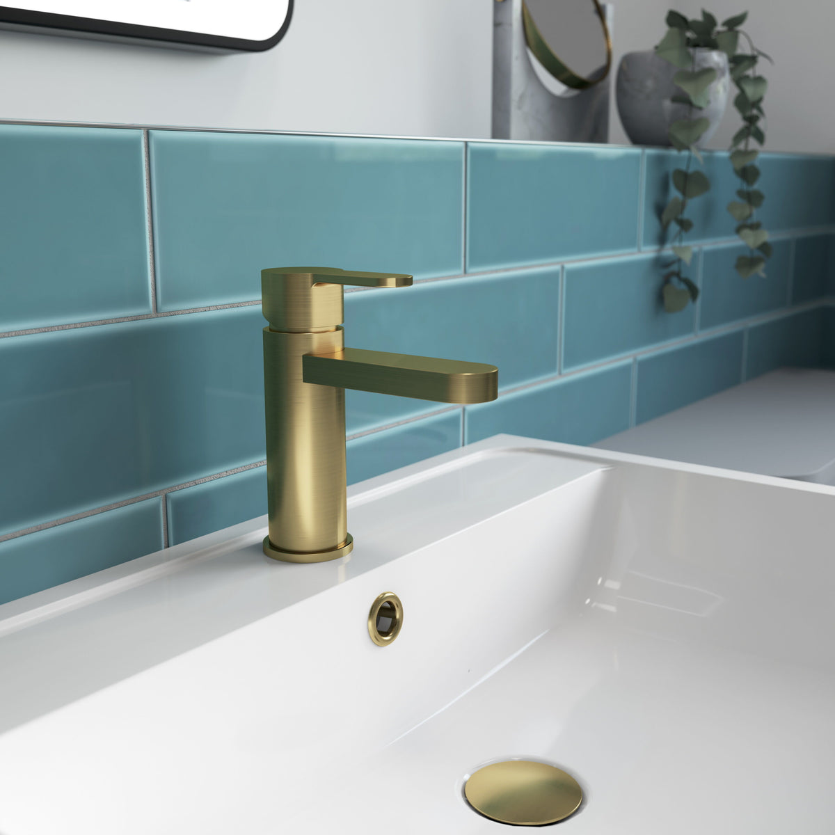 nuie Arvan Brushed Brass Mono Basin Mixer With Push Button Waste - Lifestyle image