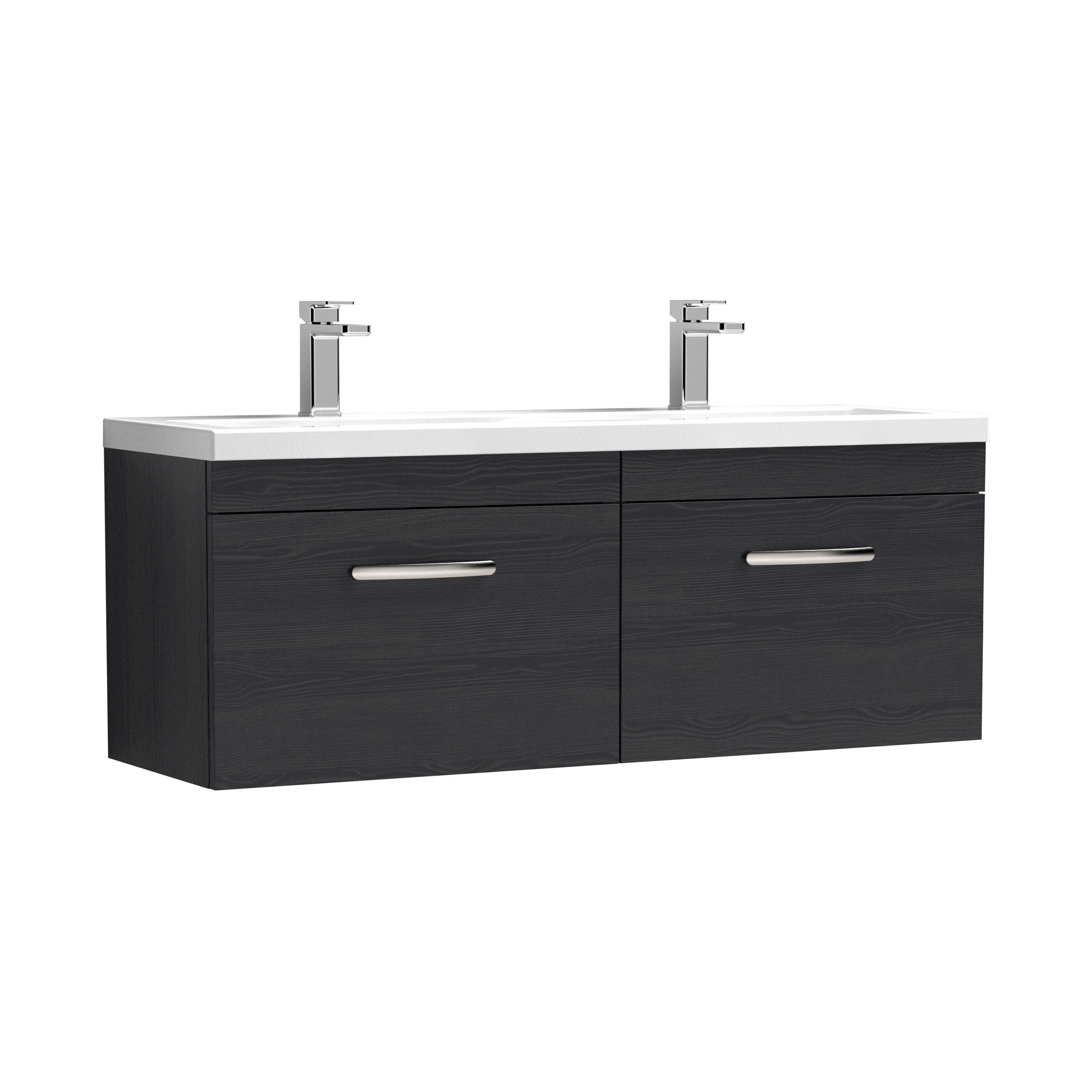 nuie Athena 1200mm Charcoal Black 2 Drawer Wall Hung Cabinet With 2 Tap Hole Ceramic Basin