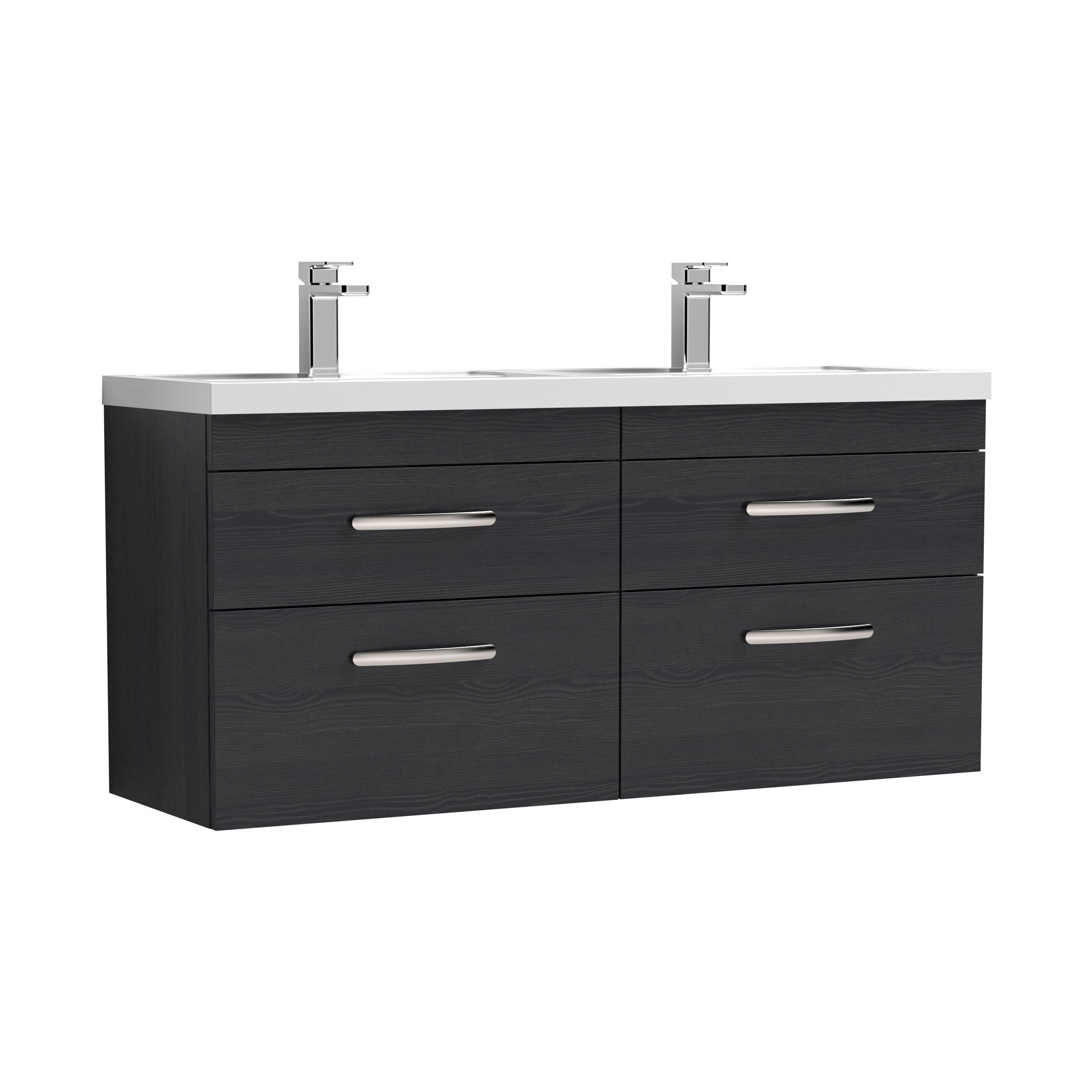 nuie Athena 1200mm Charcoal Black 4 Drawer Wall Hung Cabinet With 2 Tap Hole Polymarble basin