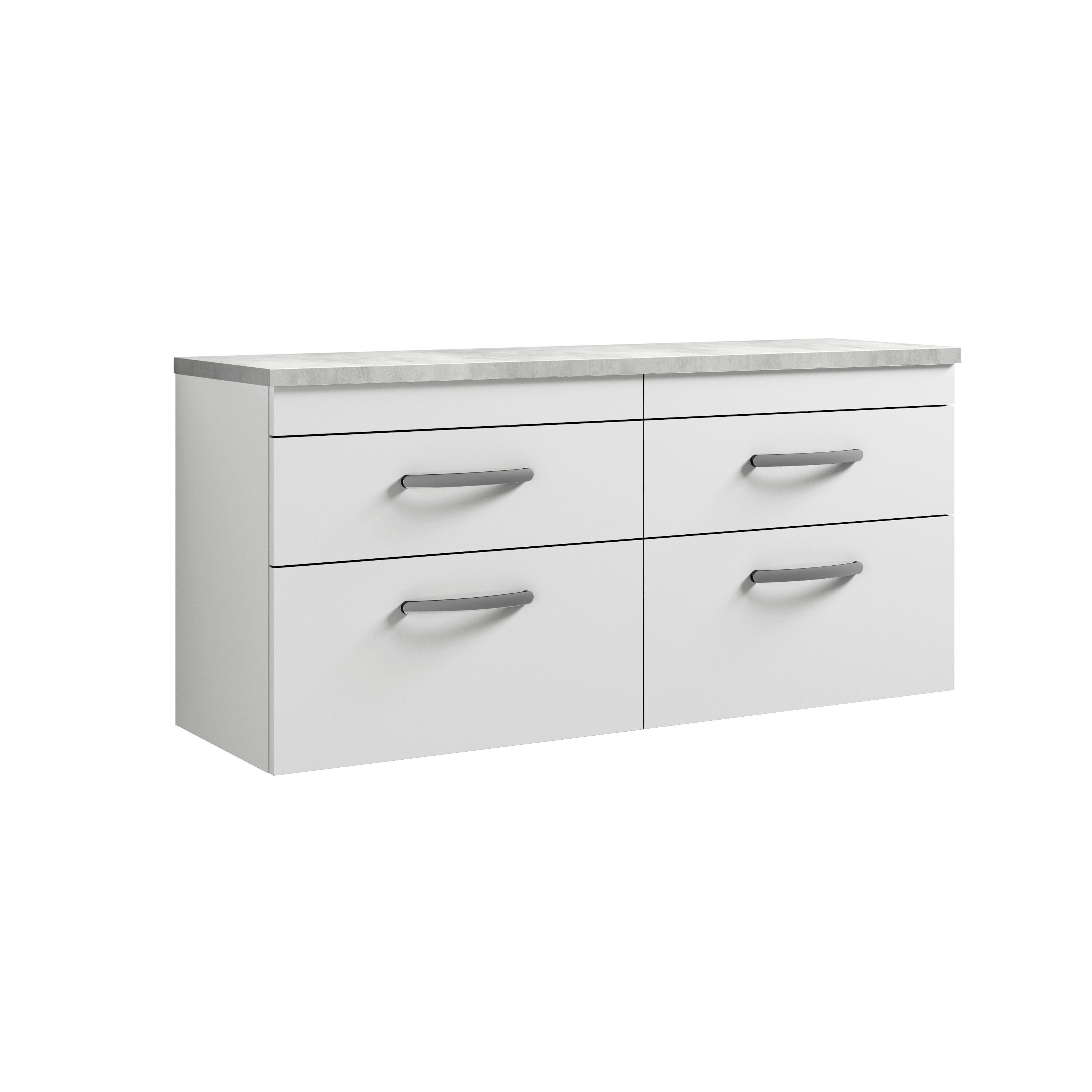 nuie Athena 1200mm Gloss White 4 Drawer Wall Hung Vanity Unit With Bellato Grey Worktop