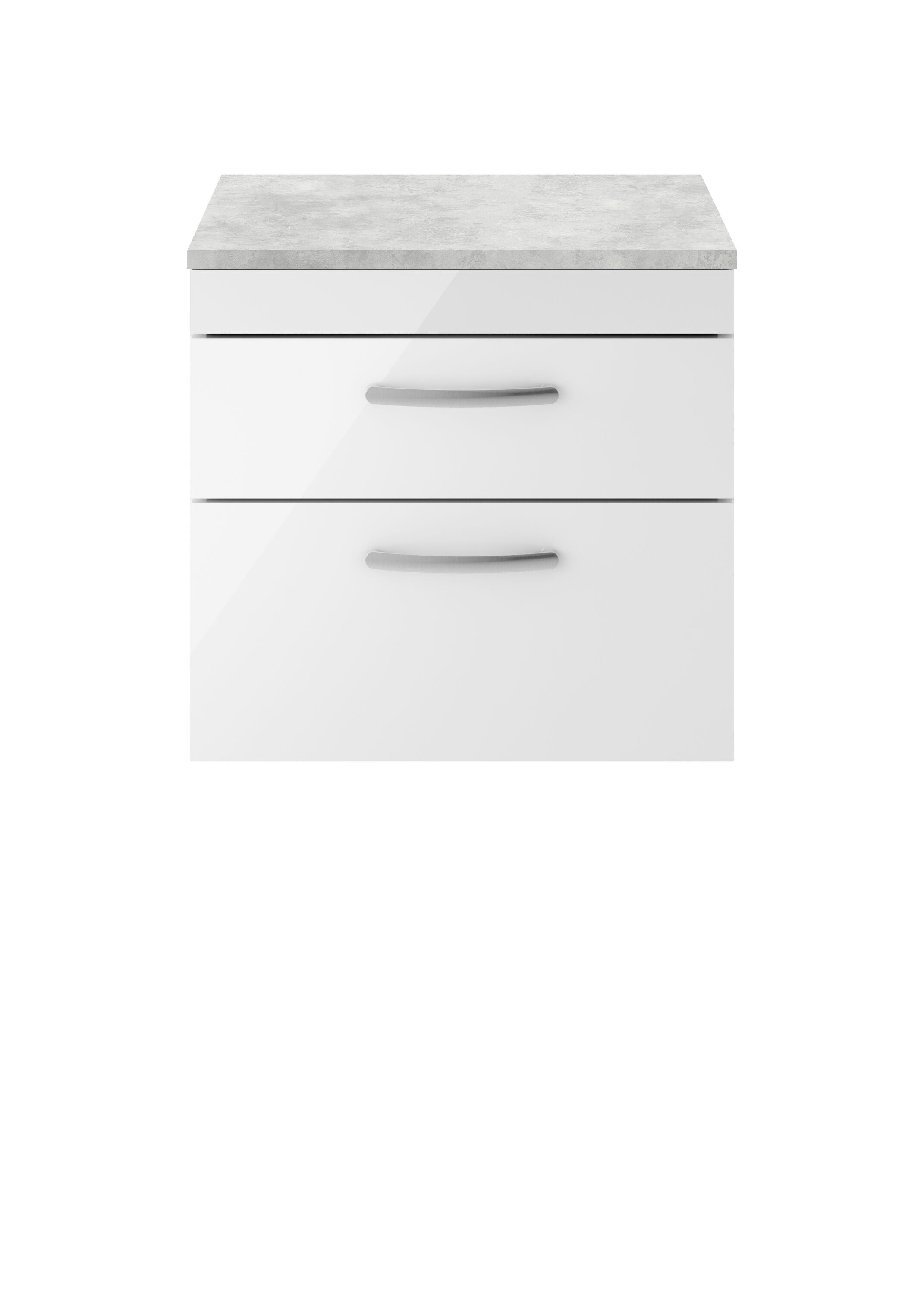 nuie Athena 600mm Gloss White 2 Drawer Wall Hung Vanity Unit With Bellato Grey Worktop