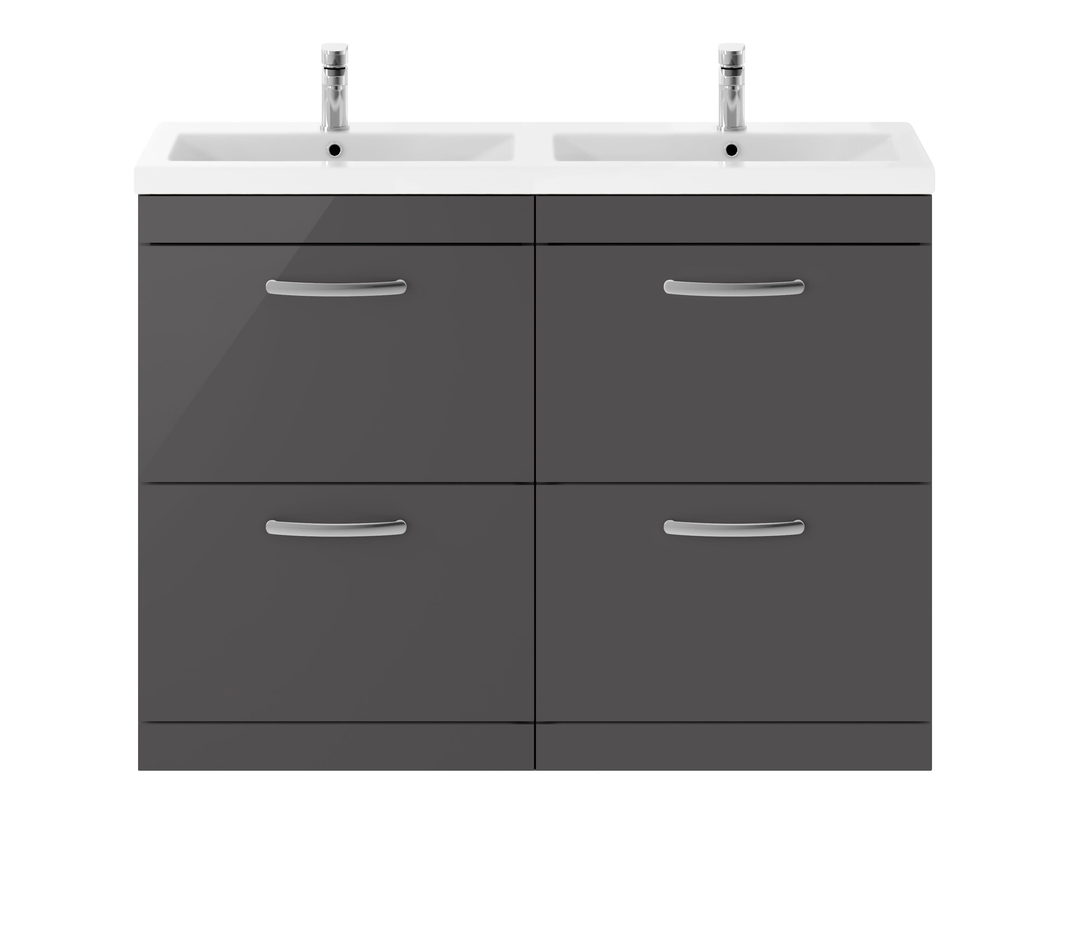 nuie Athena 1200mm Gloss Grey 4 Drawer Floor Standing Cabinet With 2 Tap Hole Ceramic Basin