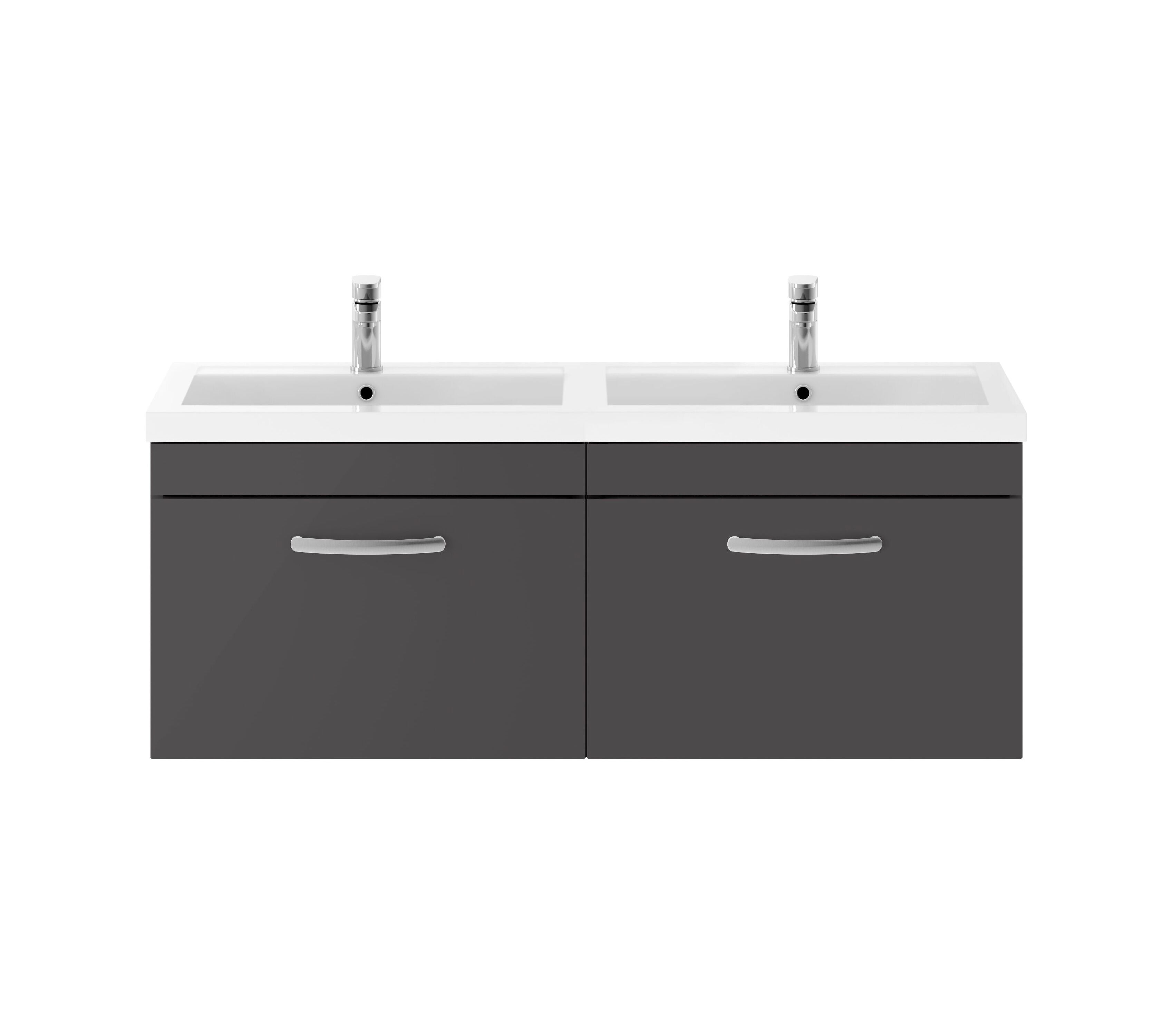 nuie Athena 1200mm Gloss Grey 4 Drawer Wall Hung Cabinet With 2 Tap Hole Polymarble basin