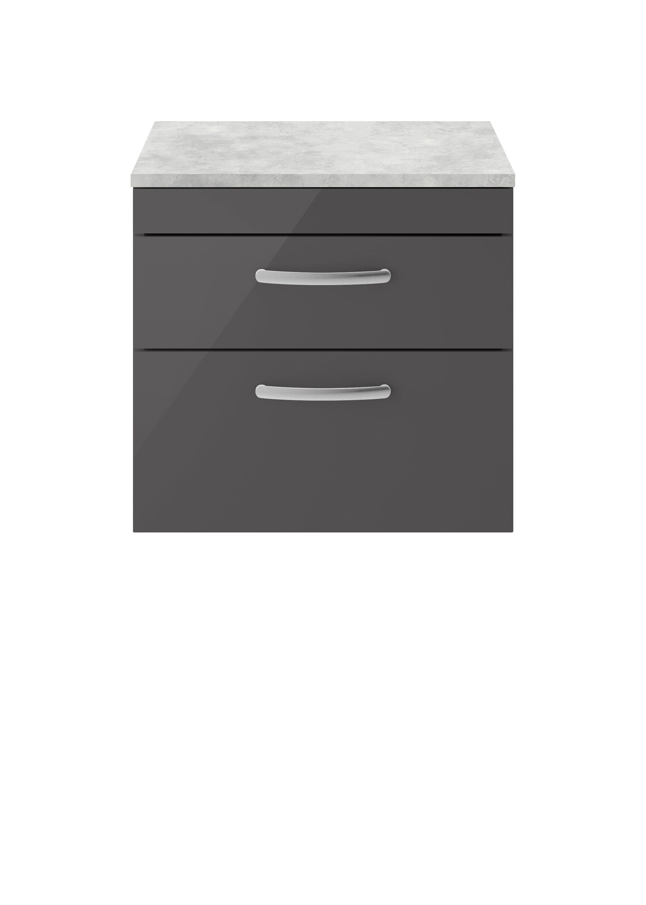nuie Athena 600mm Gloss Grey 2 Drawer Wall Hung Vanity Unit With Bellato Grey Worktop