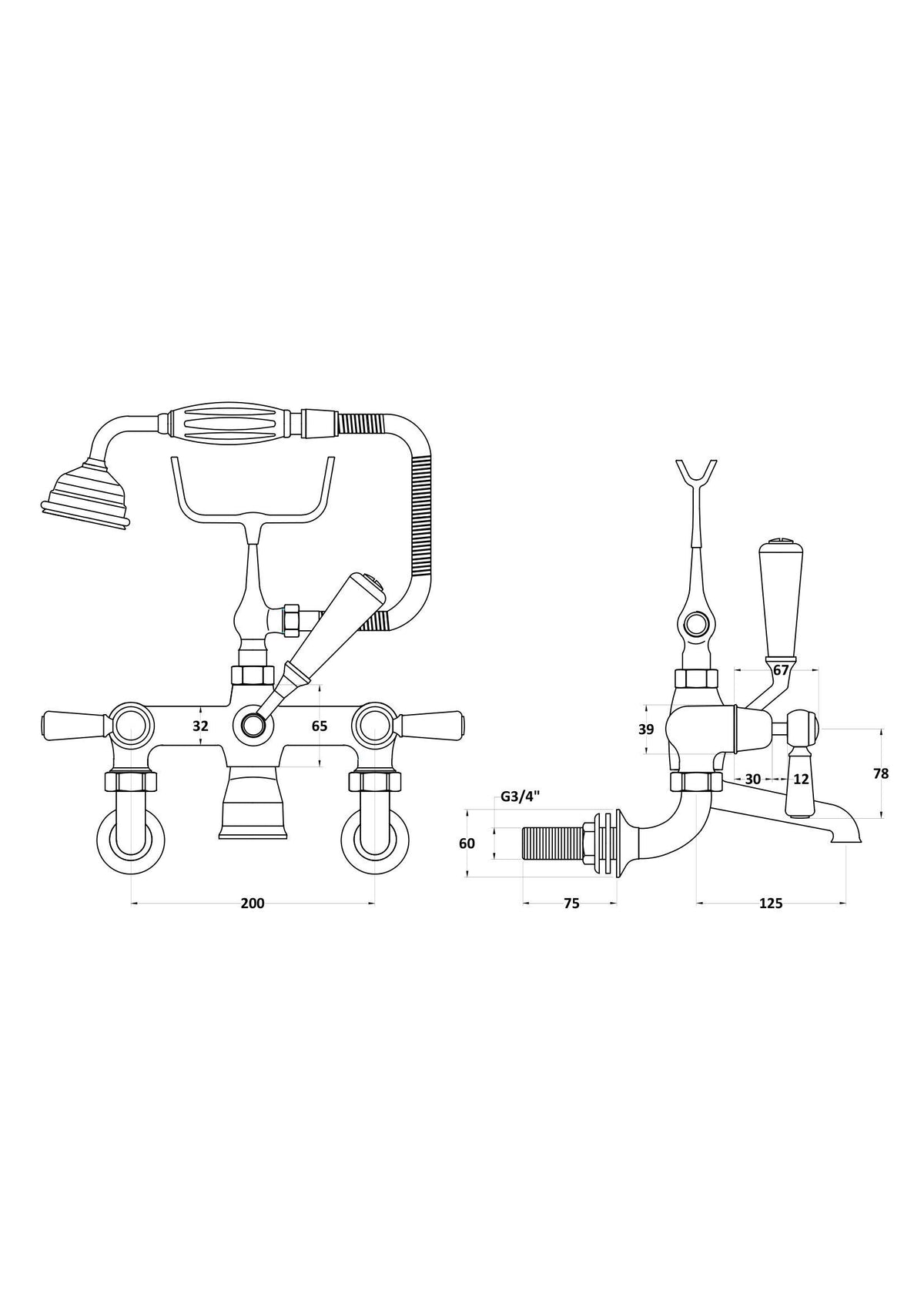 Bayswater Chrome Wall Mounted Bath Shower Mixer - Technical drawing