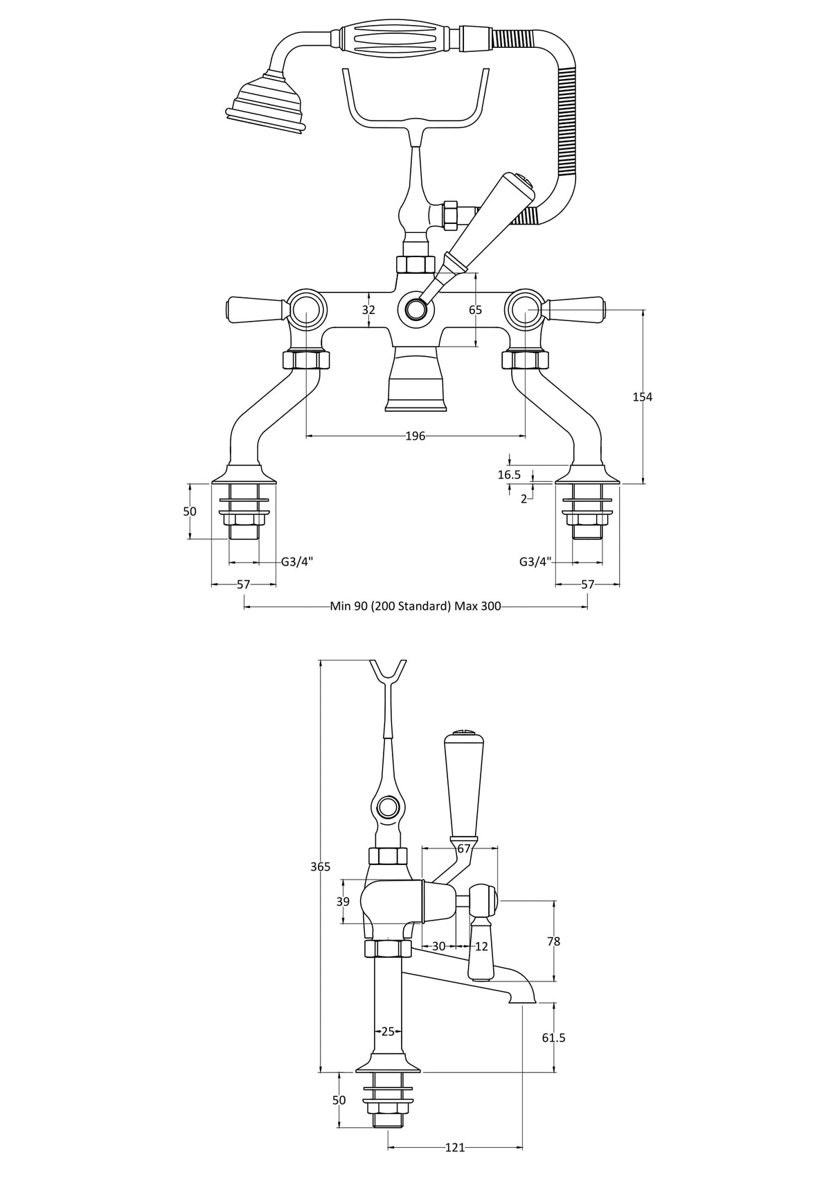 Old London Topaz Chrome/White Deck Mounted Bath Shower Mixer With Lever Handle - Technical drawing