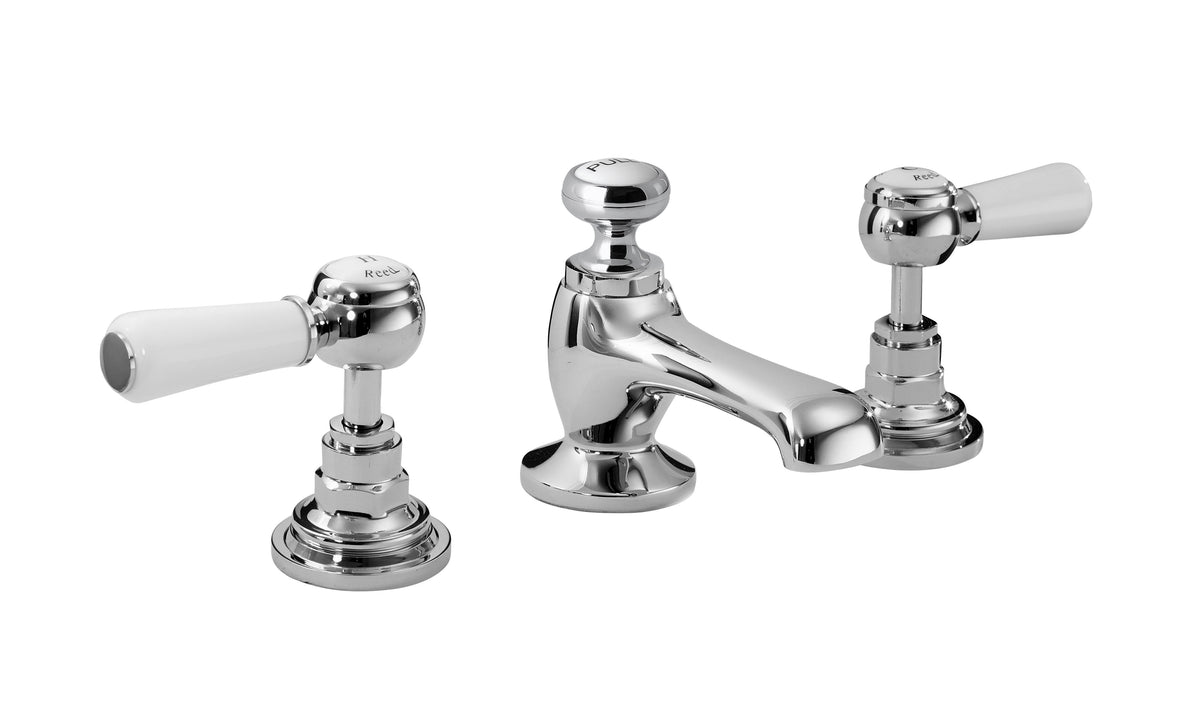 Old London Topaz /White 3 Tap Hole Basin Mixer With Hexagonal Collar and Lever Handle and Waste