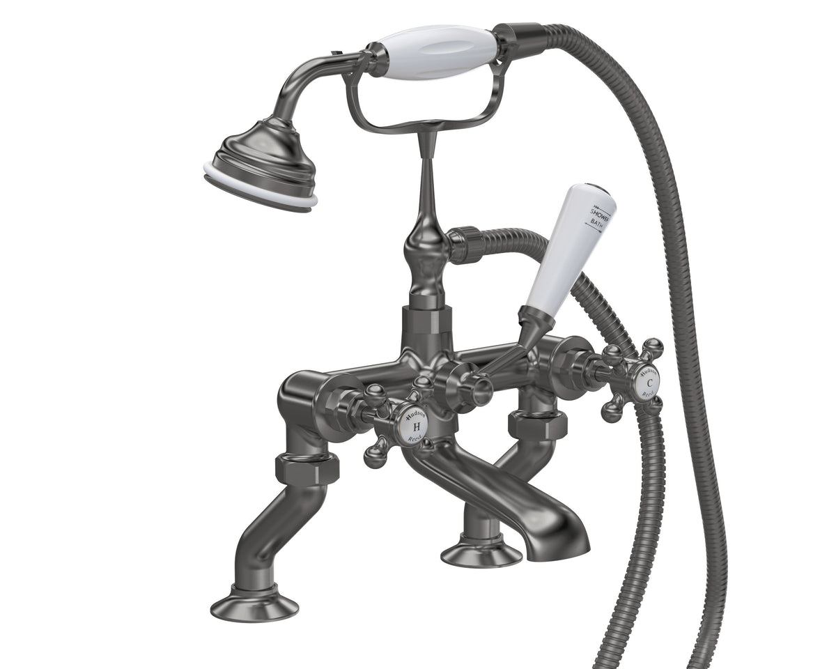 Old London Topaz /White Bath Shower Mixer With Hexagonal Collar and Crosshead Handle