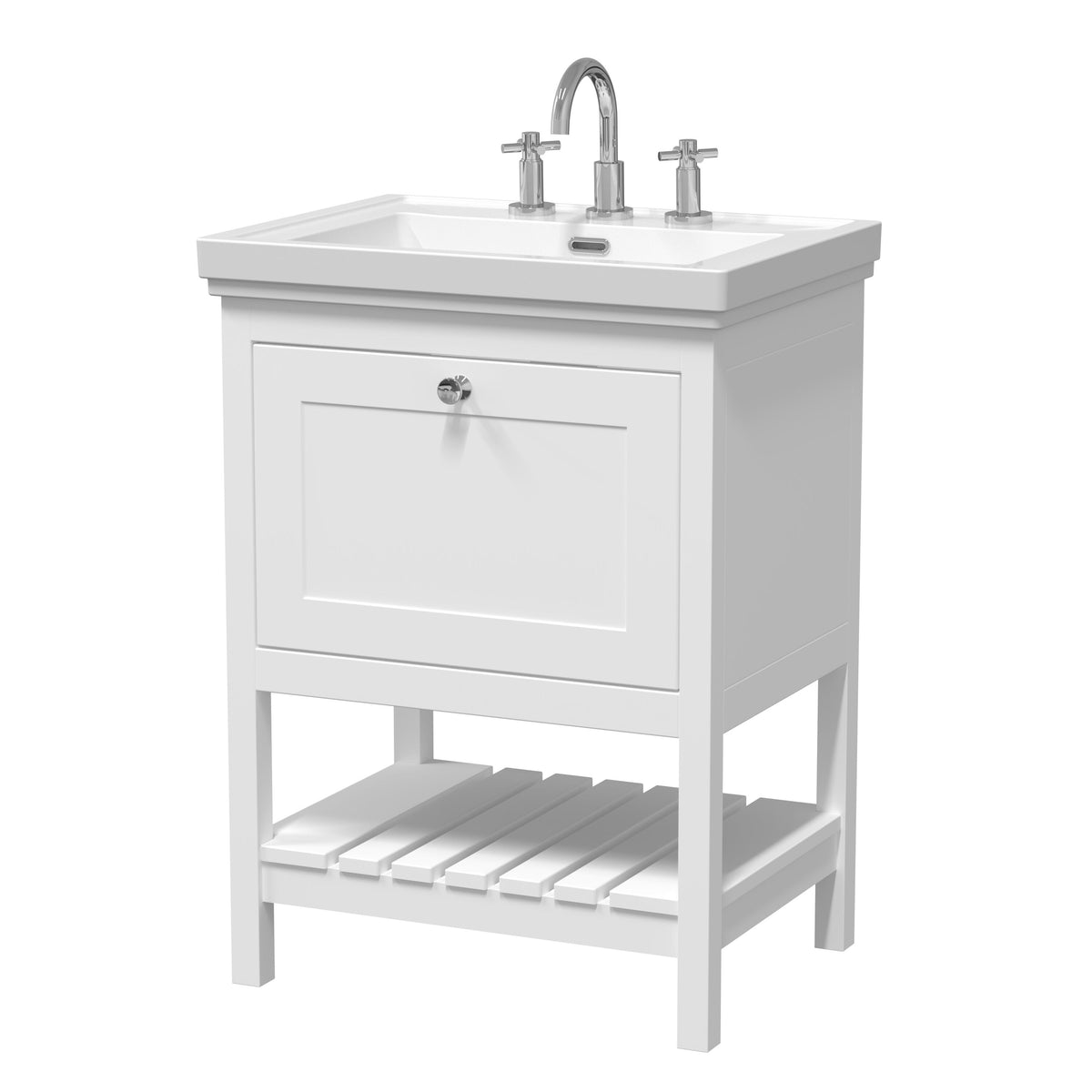 Old London Bexley 600mm 1 Drawer Floor Standing Vanity Unit With 3 Tap Holes Traditional Fireclay Basin