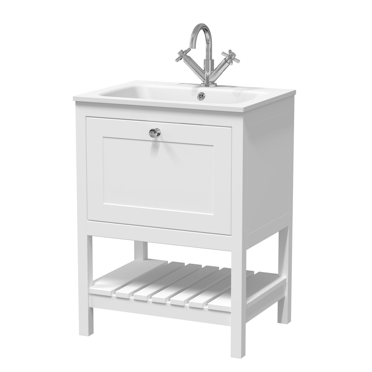 Old London Bexley 600mm 1 Drawer Floor Standing Vanity Unit With 1 Tap Hole White Stone Basin
