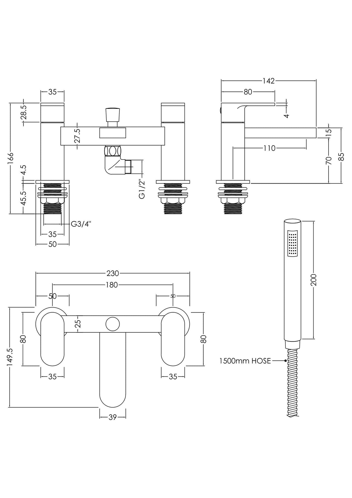 nuie Binsey Chrome Deck Mounted Bath Shower Mixer With Kit - Technical drawing