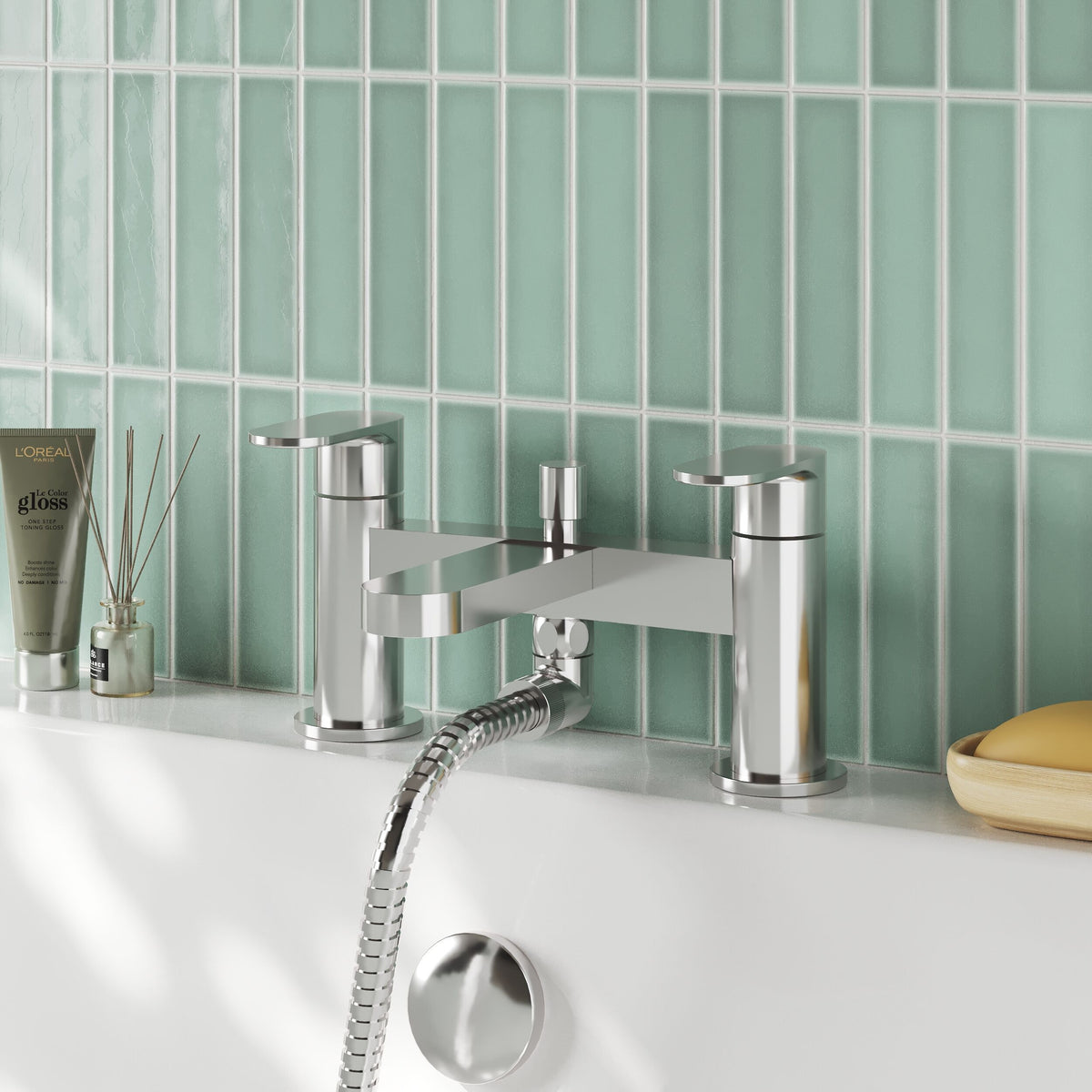 nuie Binsey Chrome Deck Mounted Bath Shower Mixer With Kit - Lifestyle image