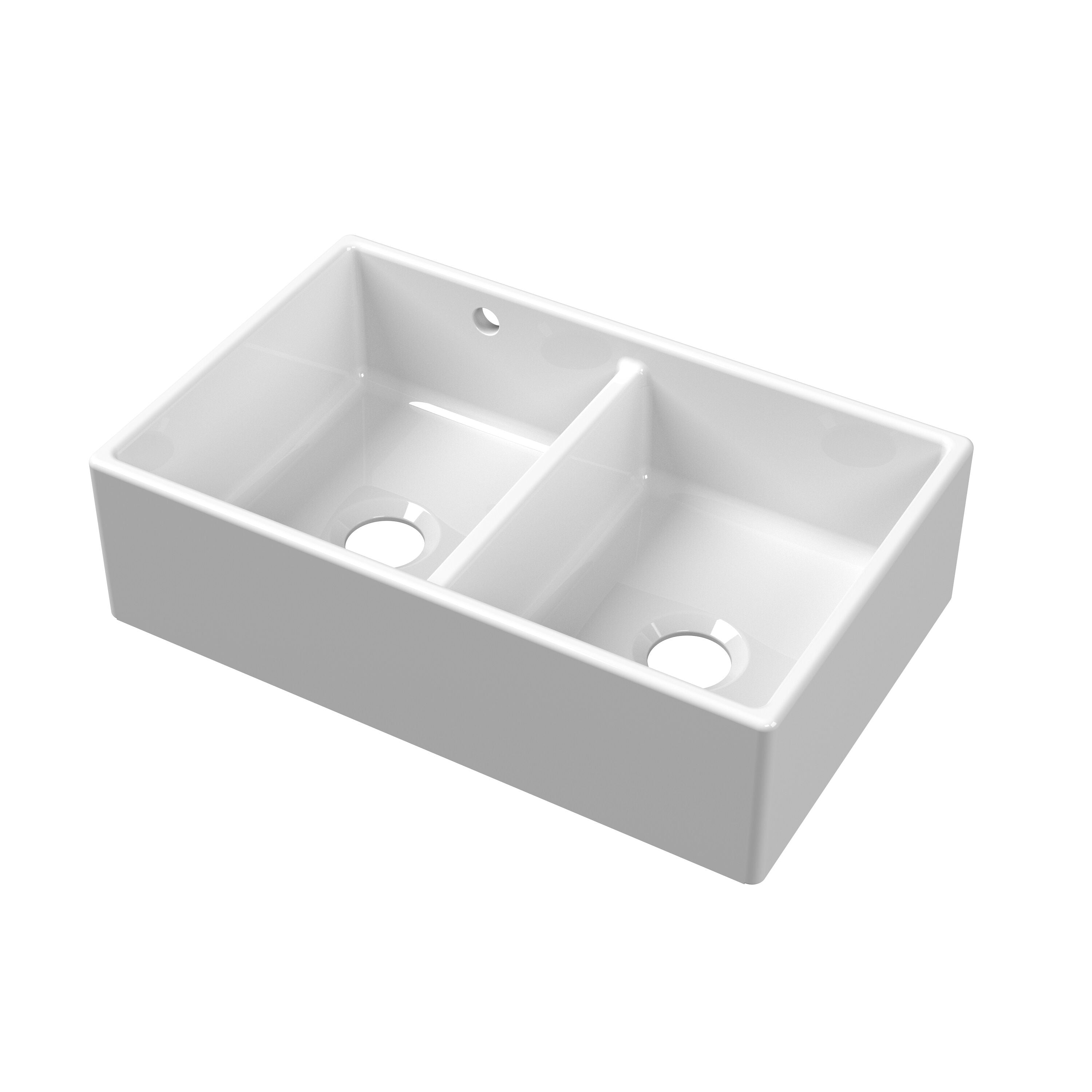 nuie 795mm x 500mm x 220mm Fireclay White Double Bowl Butler Sink With Stepped Weir And Overflow