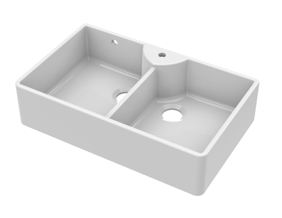 Nuie 895mm x 550mm x 220mm Fireclay 1 Tap Hole Double Bowl Butler Sink With Stepped Weir And Overflow