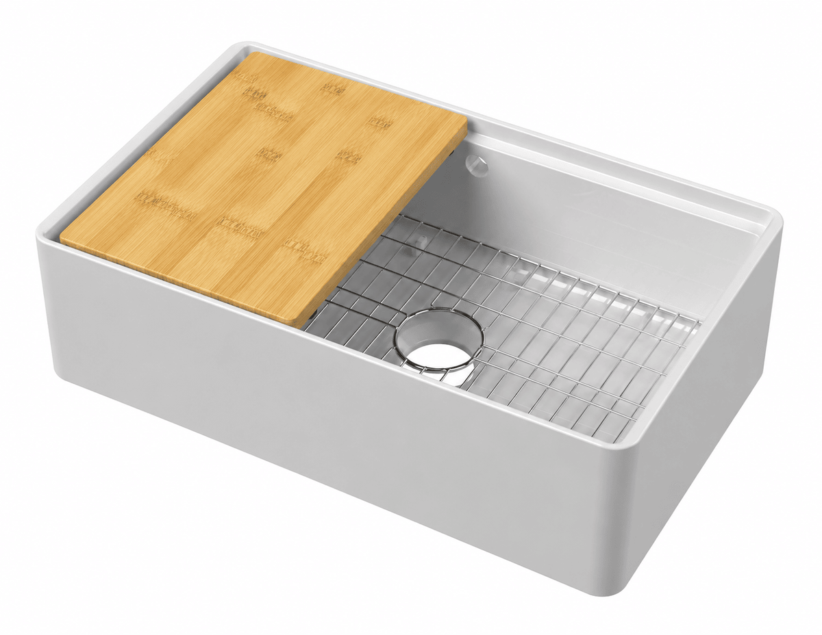 Nuie 795mm x 460mm x 220mm Fireclay Single Bowl Butler Sink With Ledge, Wire Grid And Bamboo Chopping Board