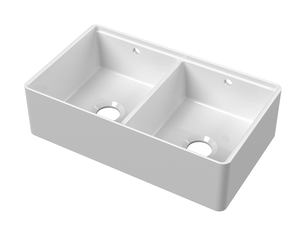 Nuie 795mm x 460mm x 220mm Fireclay Double Bowl Butler Sink With Ledge