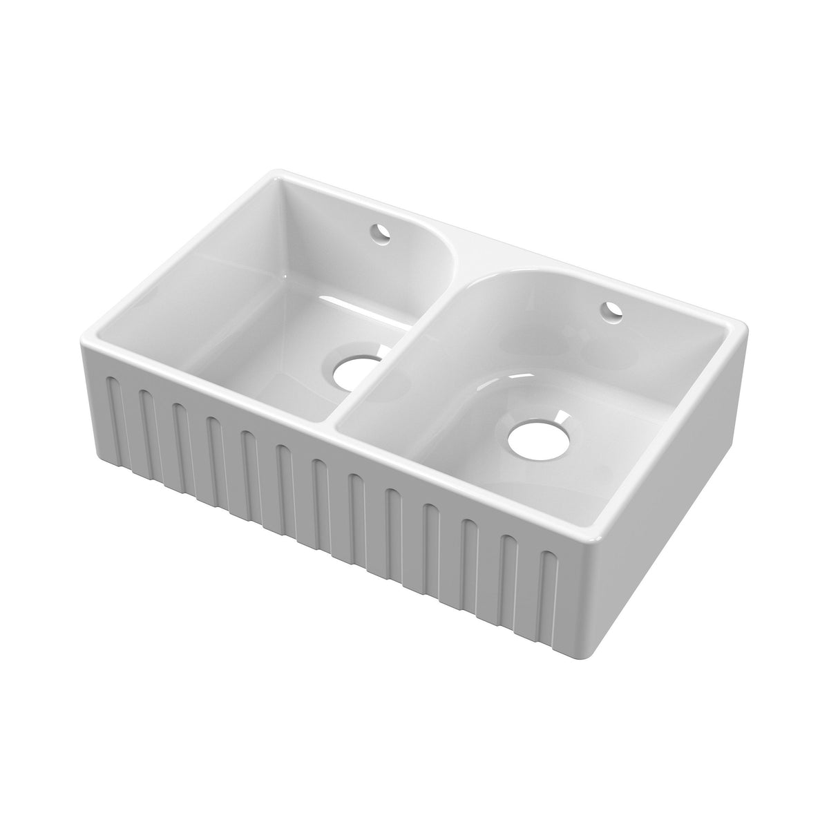 Nuie 795mm x 500mm x 220mm Fireclay Double Bowl Fluted Butler Sink With Full Weir, Central Wastes And Overflows