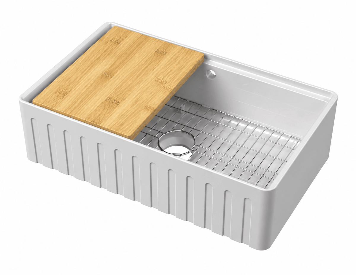 Nuie 795mm x 460mm x 220mm Fireclay Single Bowl Fluted Butler Sink With Ledge, Wire Grid And Bamboo Chopping Board