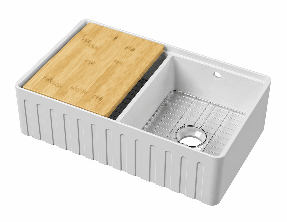 Nuie 795mm x 460mm x 220mm Fireclay Double Bowl Fluted Butler Sink With Ledge, Wire Grid And Bamboo Chopping Board