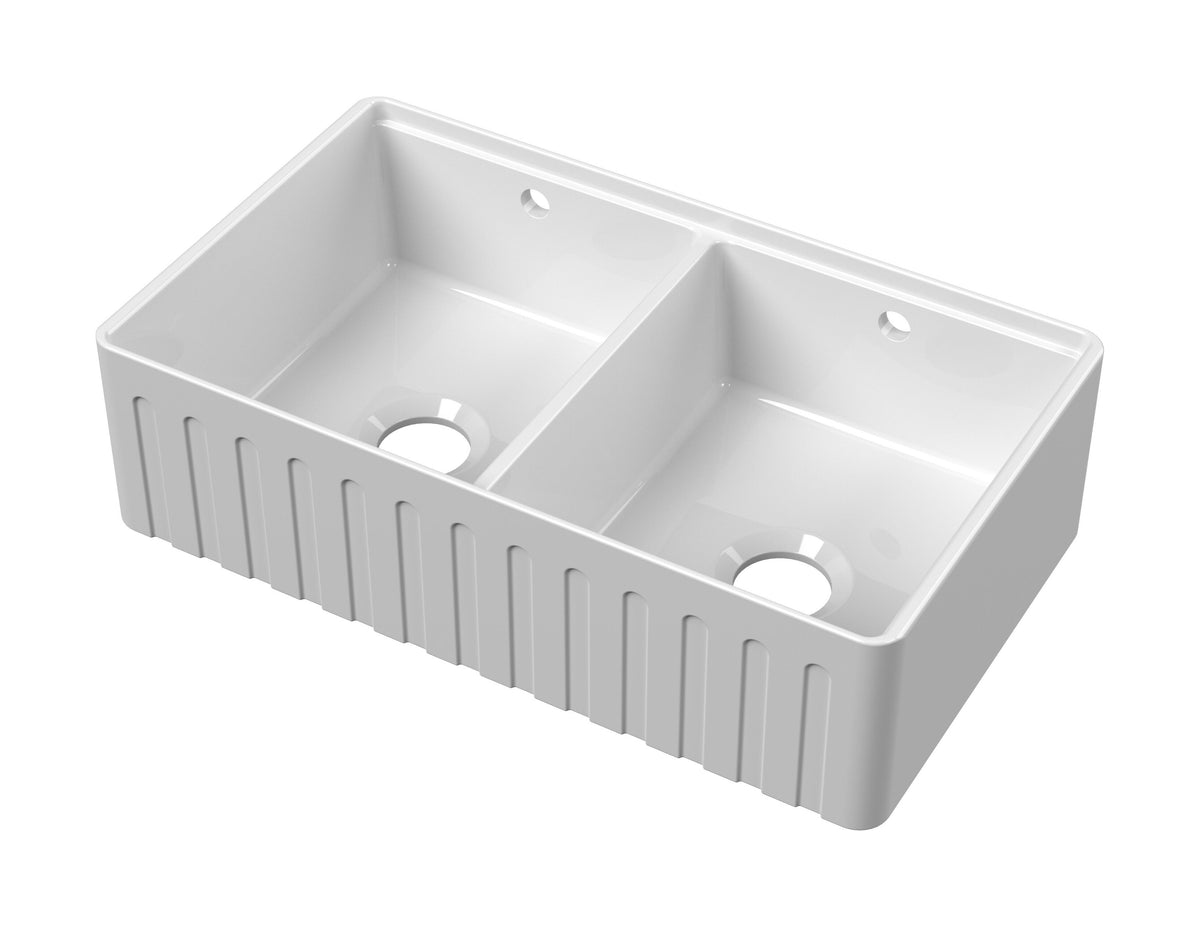 Nuie 795mm x 460mm x 220mm Fireclay Double Bowl Fluted Butler Sink With Ledge
