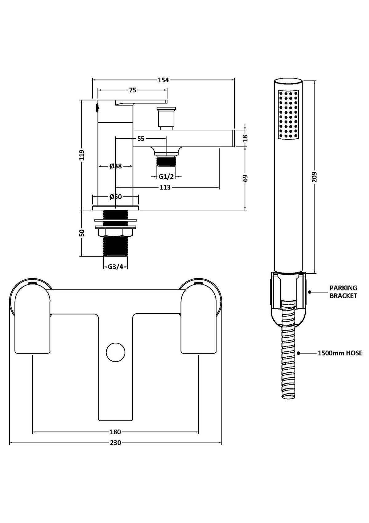 nuie choice Canada Chrome Bath Shower Mixer - Technical drawing