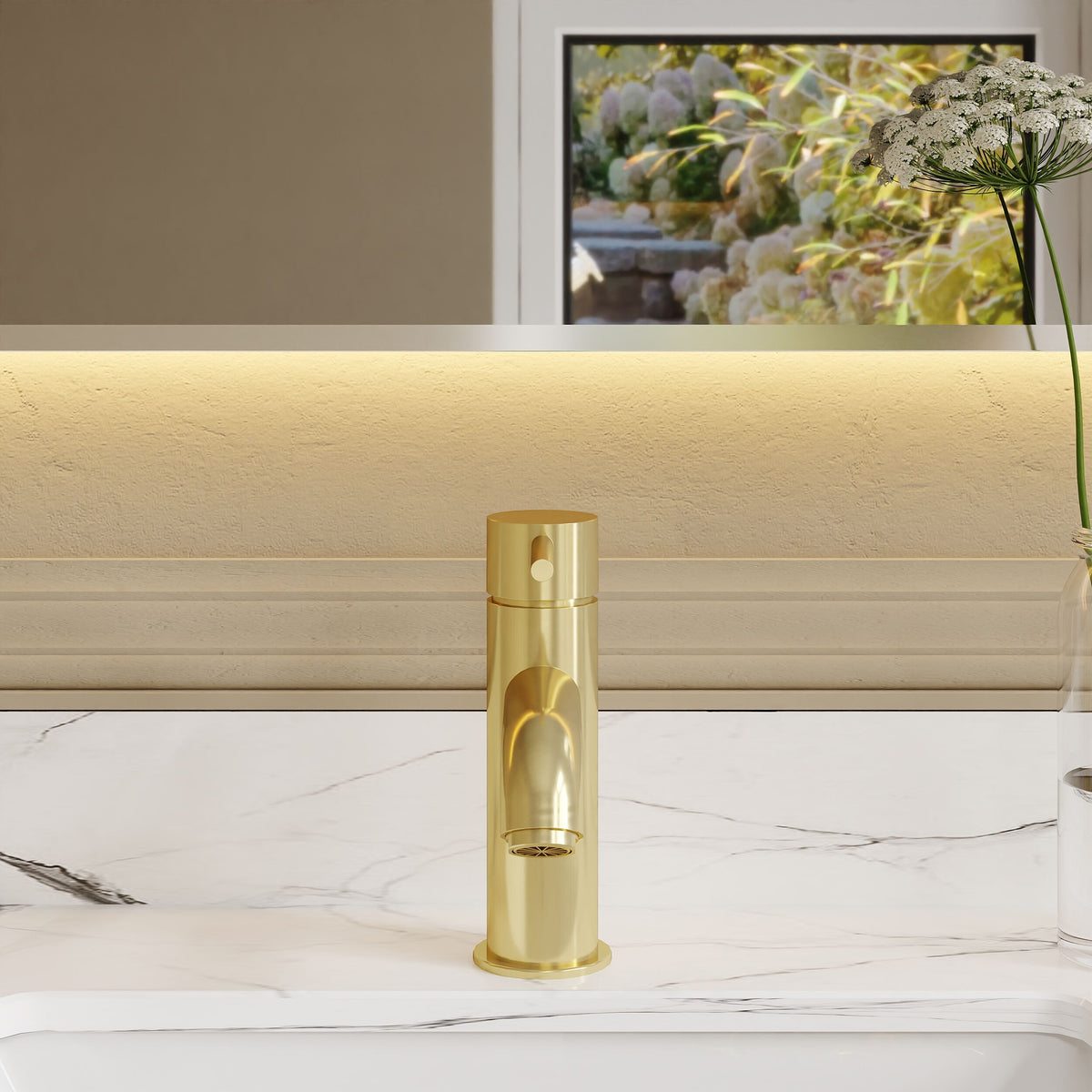 nuie choice Cartegena Brushed Brass Mono Basin Mixer With Push Button Waste - Lifestyle image
