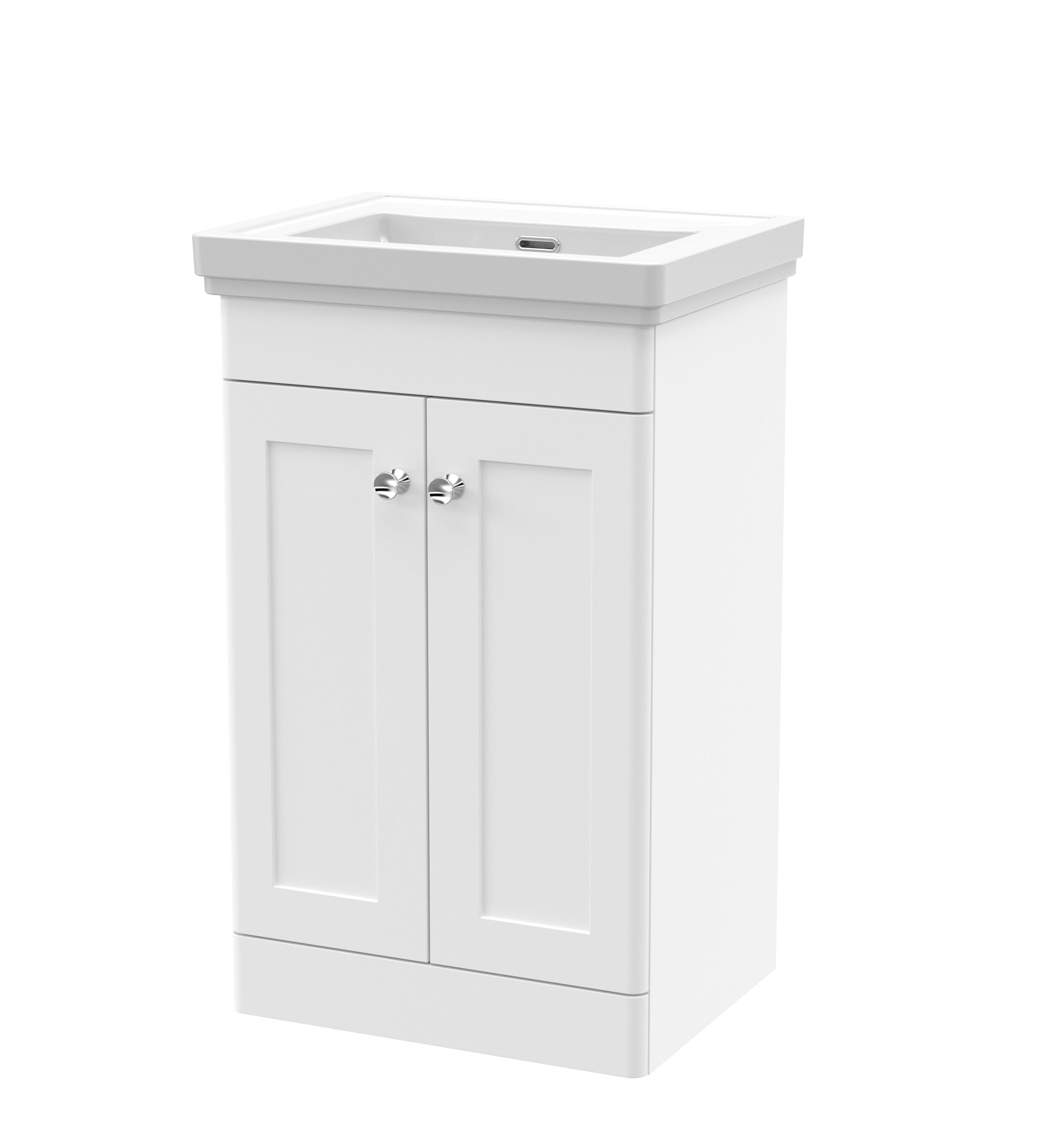 nuie Classique 500mm Satin White 2 Door Floor Standing Vanity Unit With Basin