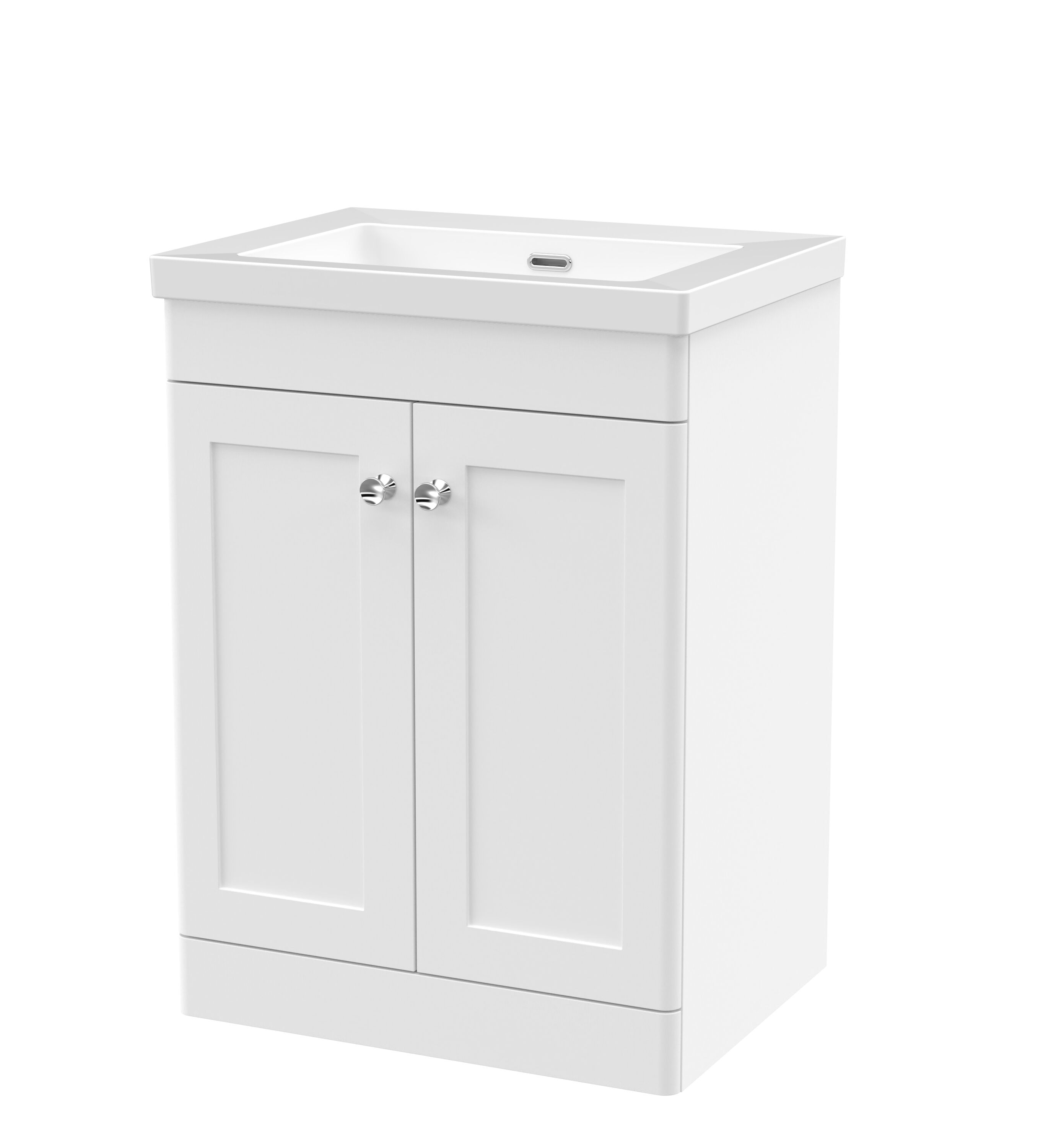 nuie Classique 600mm Satin White 2 Door Floor Standing Vanity Unit With Fireclay Basin