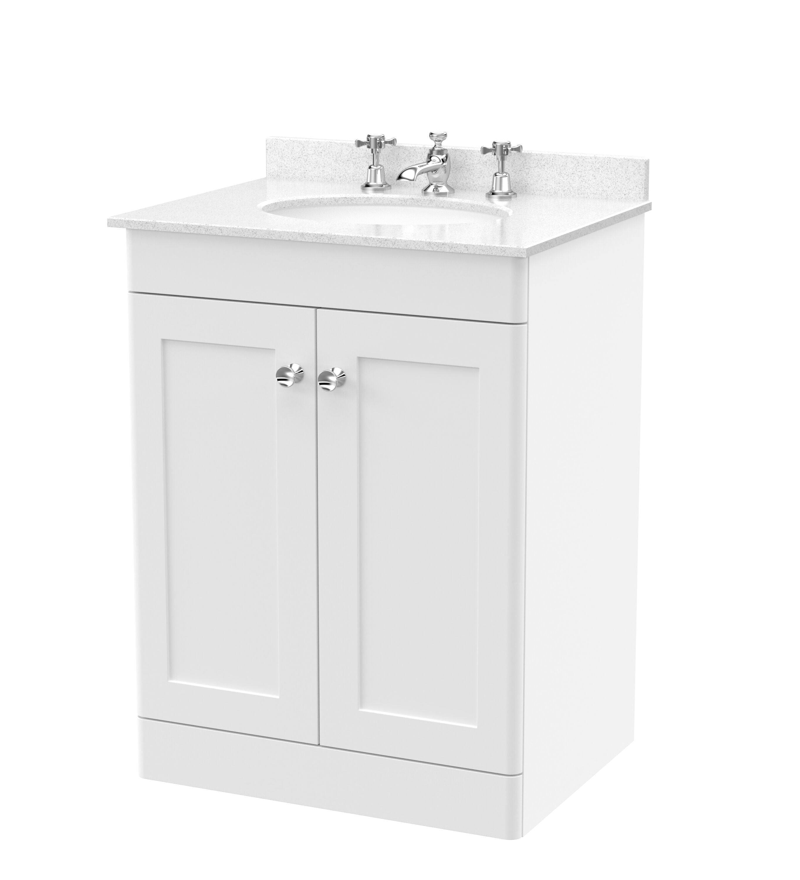 nuie Classique 600mm Satin White 2 Door Floor Standing Vanity Unit With 3 Tap Hole Marble Basin