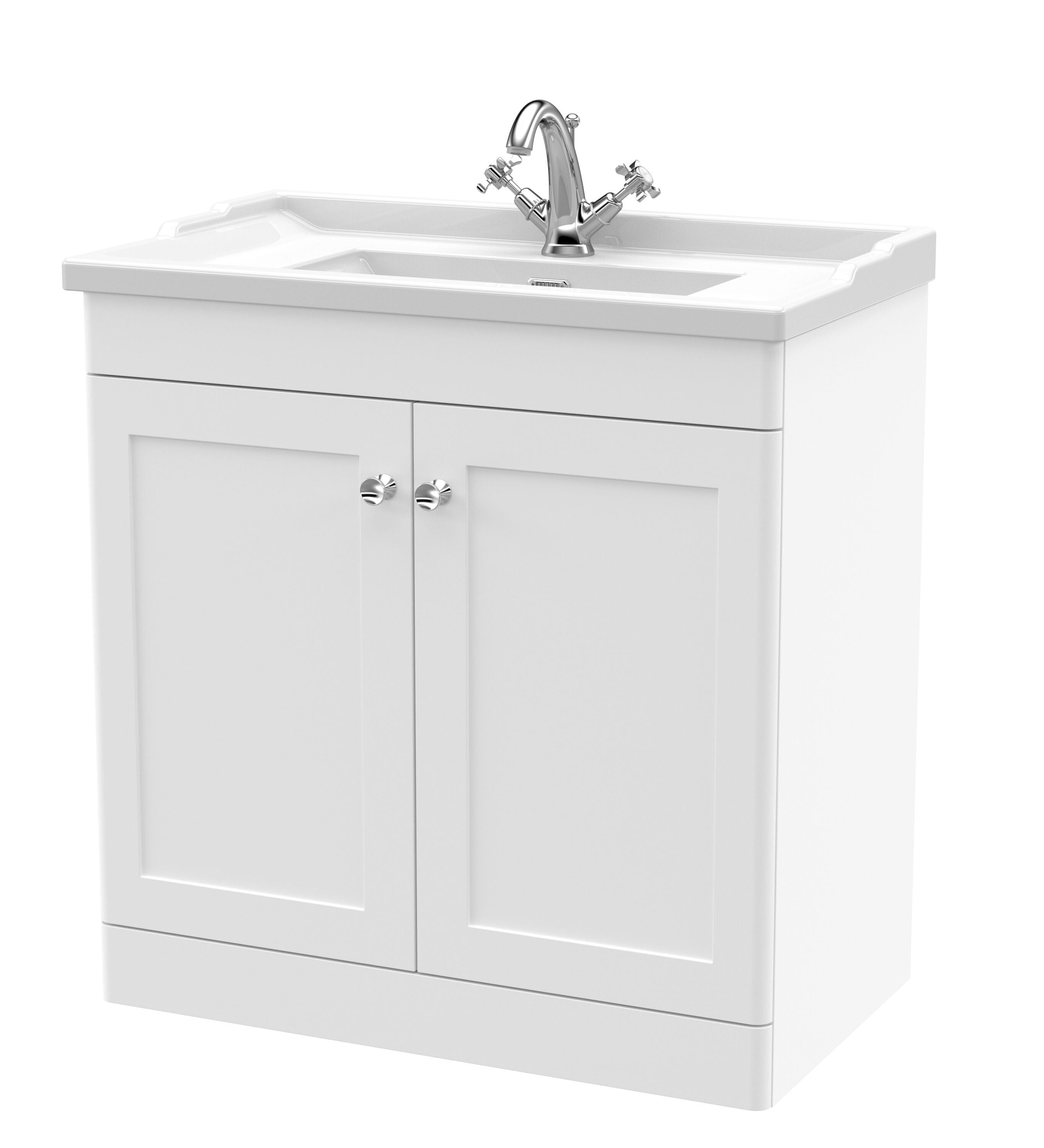nuie Classique 800mm Satin White 2 Door Floor Standing Vanity Unit With 1 Tap Hole Basin