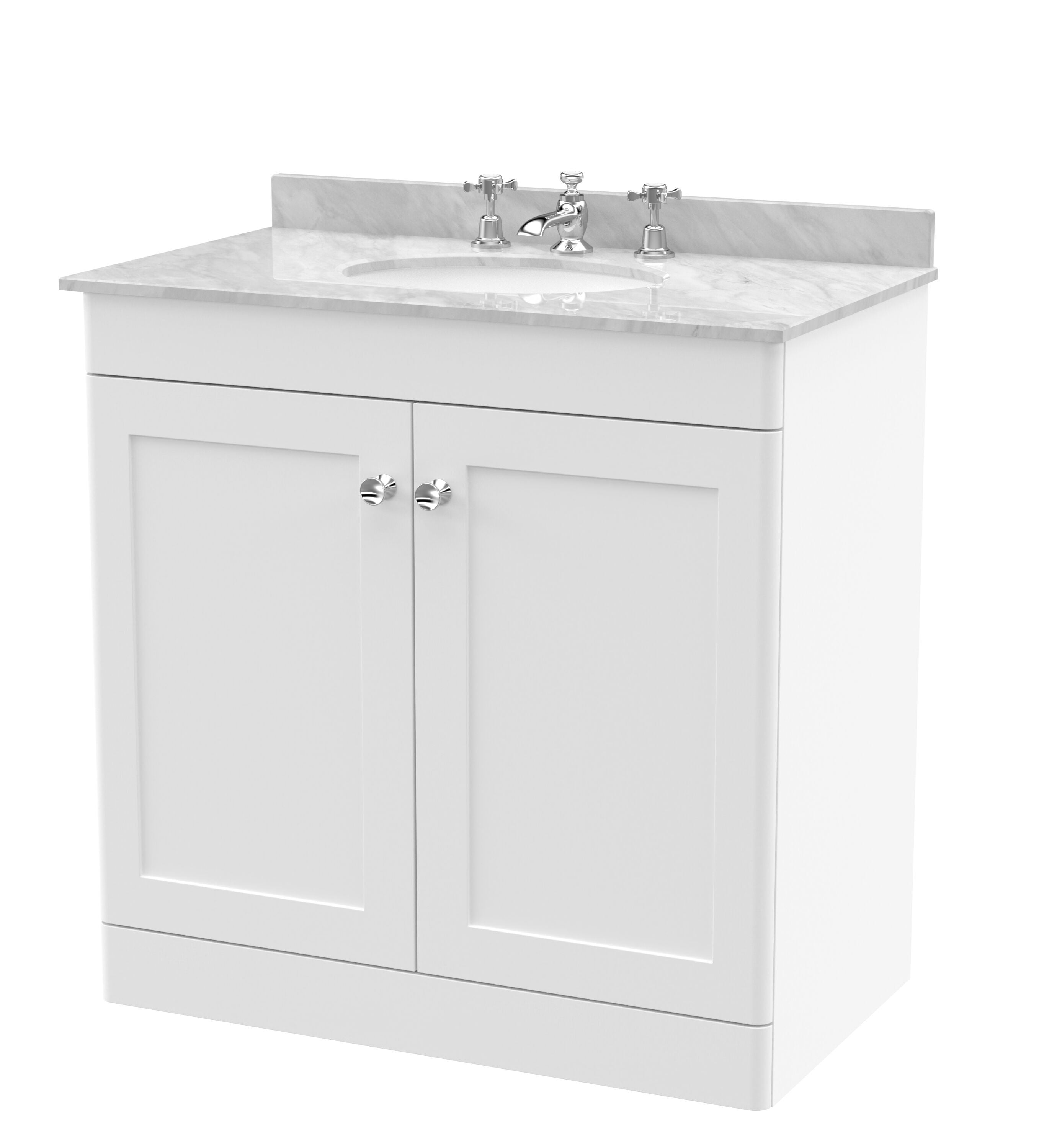 nuie Classique 800mm Satin White 2 Door Floor Standing Vanity Unit With 3 Tap Hole Marble Basin