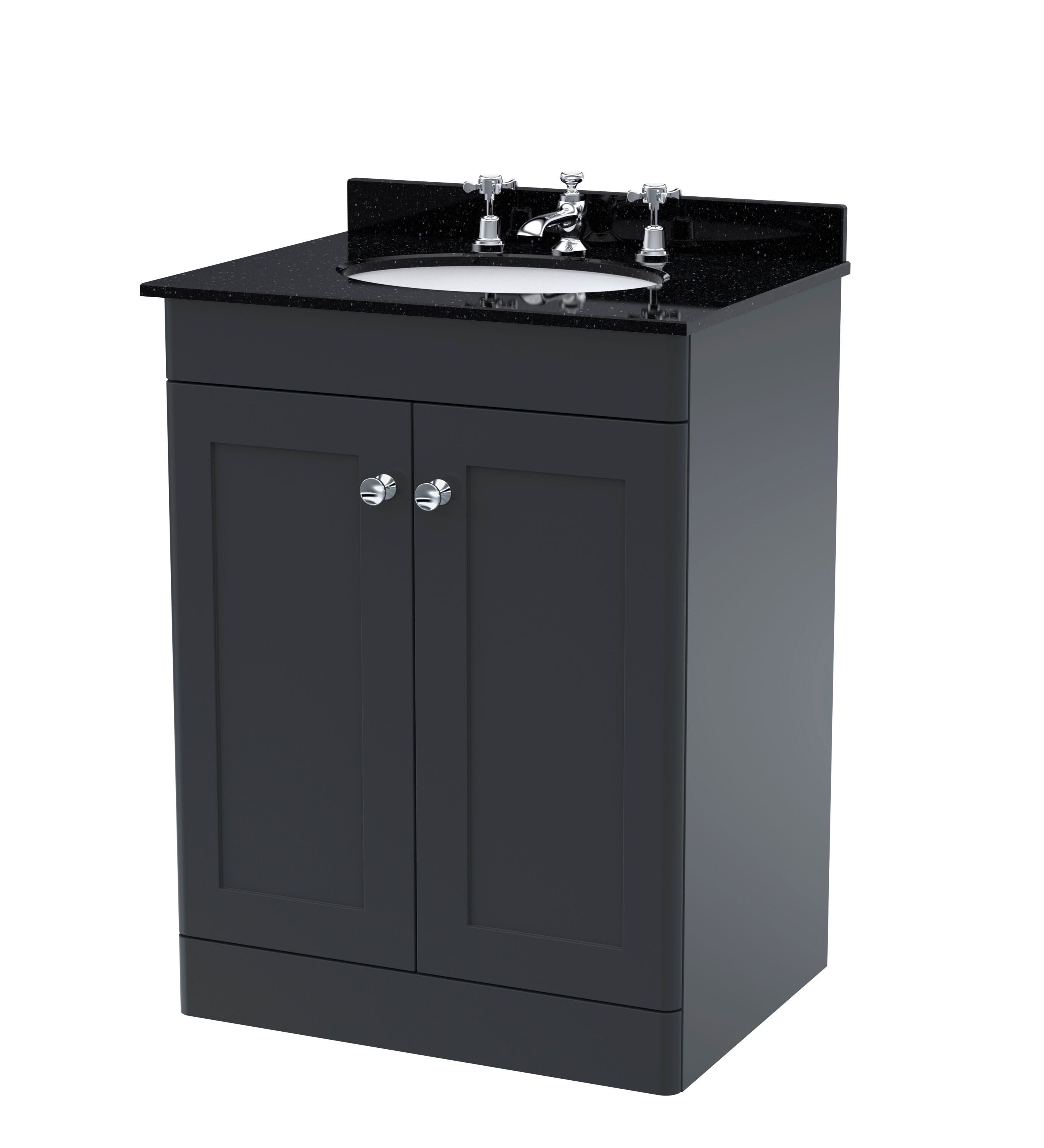 nuie Classique 600mm Soft Black 2 Door Floor Standing Vanity Unit With 3 Tap Hole Marble Basin